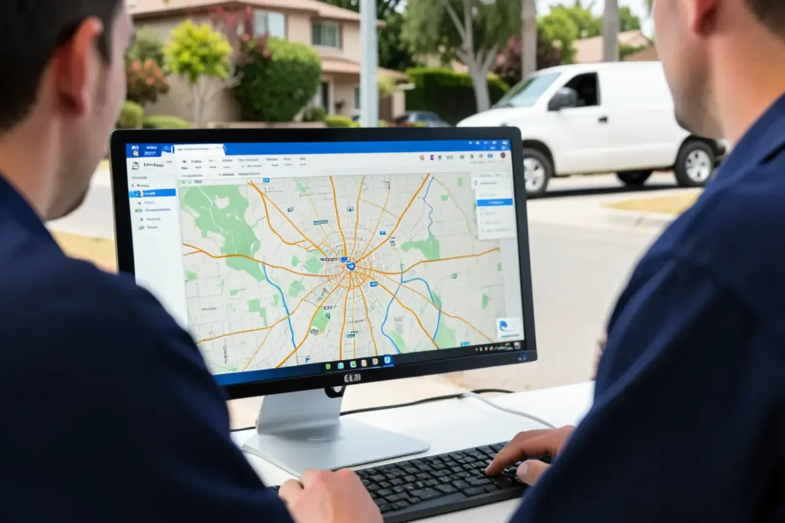 Customer service computer dispatch screen showing local street grid map of Los Alamitos and Rossmoor