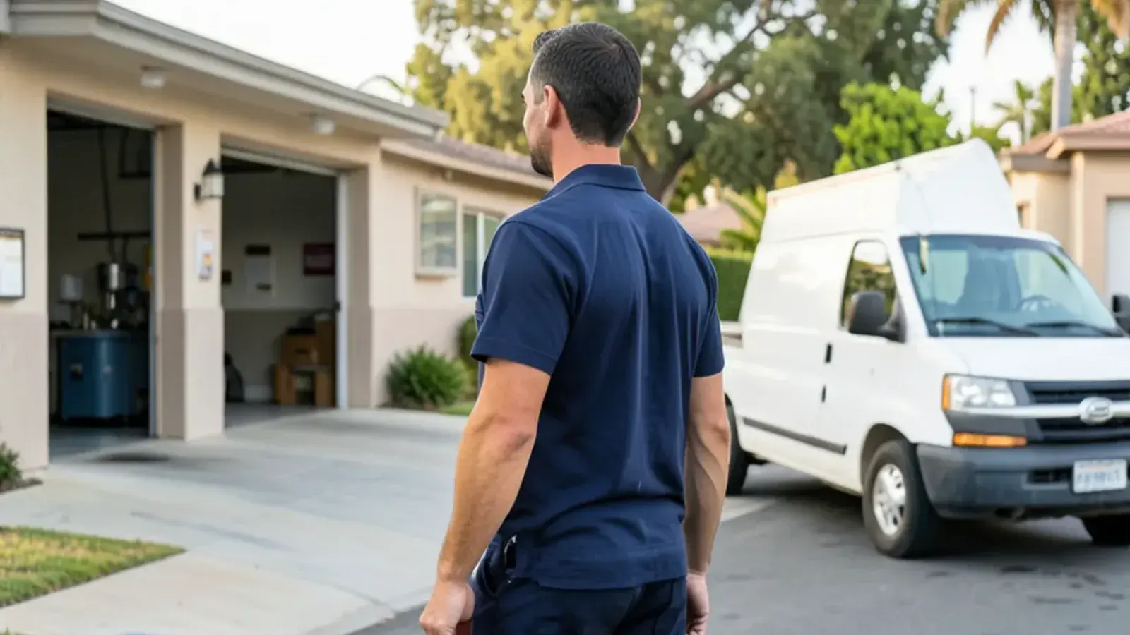 Master plumbing technician holding pipe threading tools outside the Farquhar Ave workshop in Los Alamitos