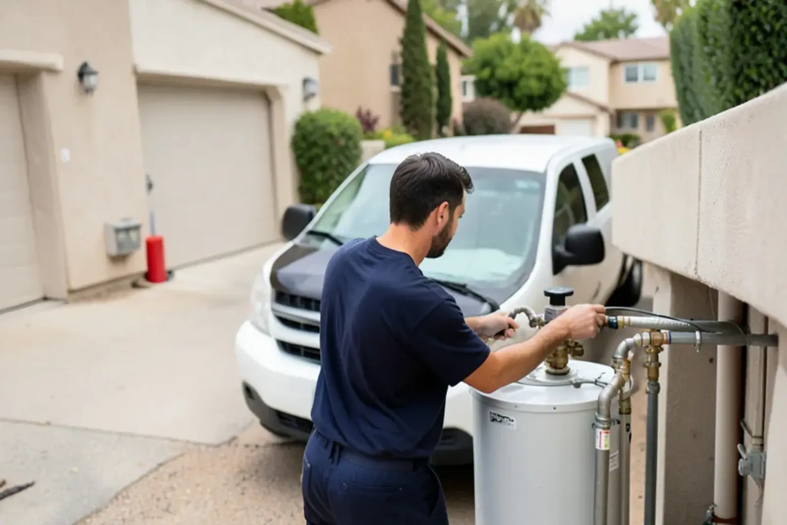 Plumber inspecting a residential water heater in a Artesia home garage