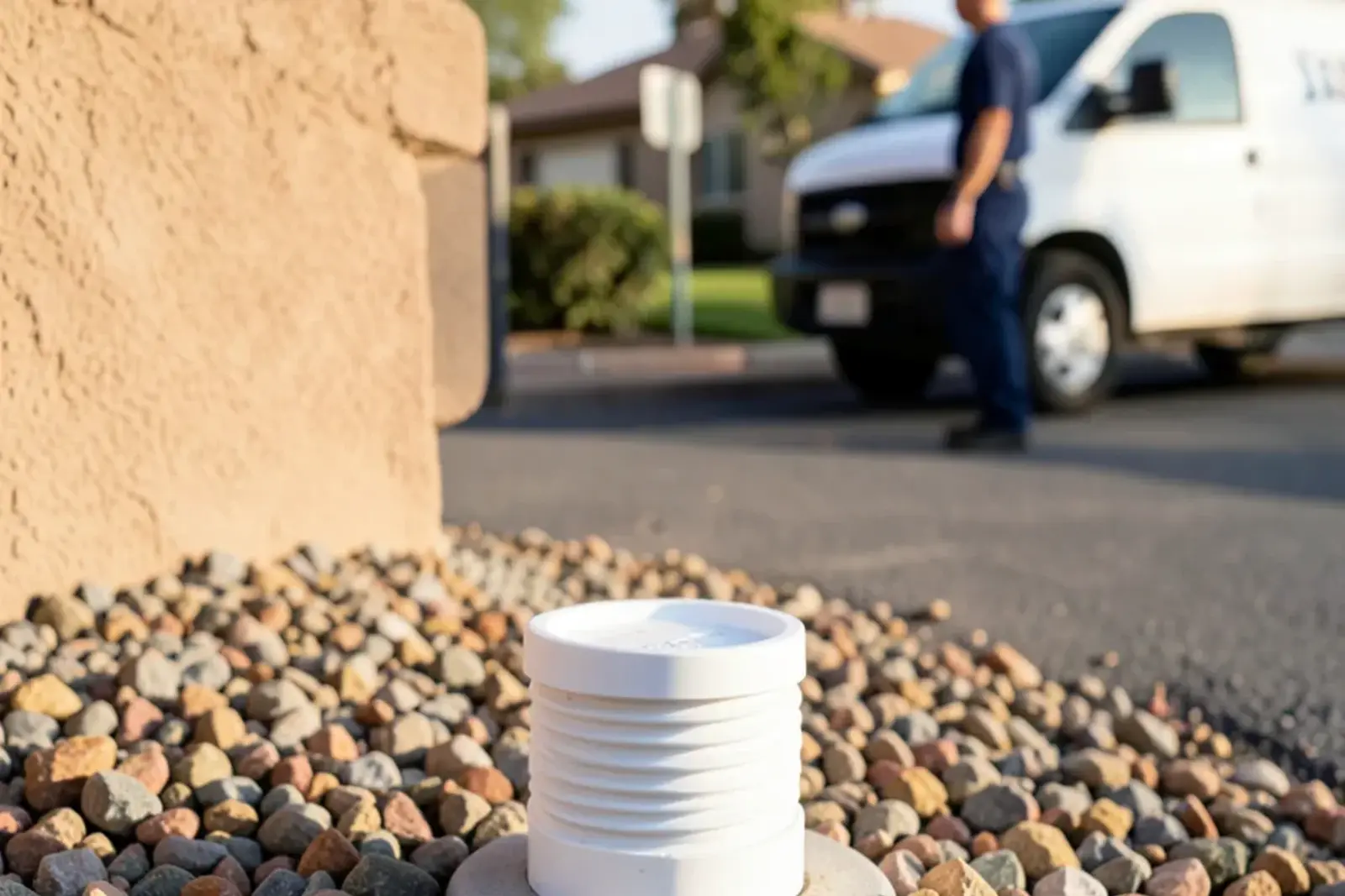Exterior sewer cleanout riser located beside a home foundation in Artesia