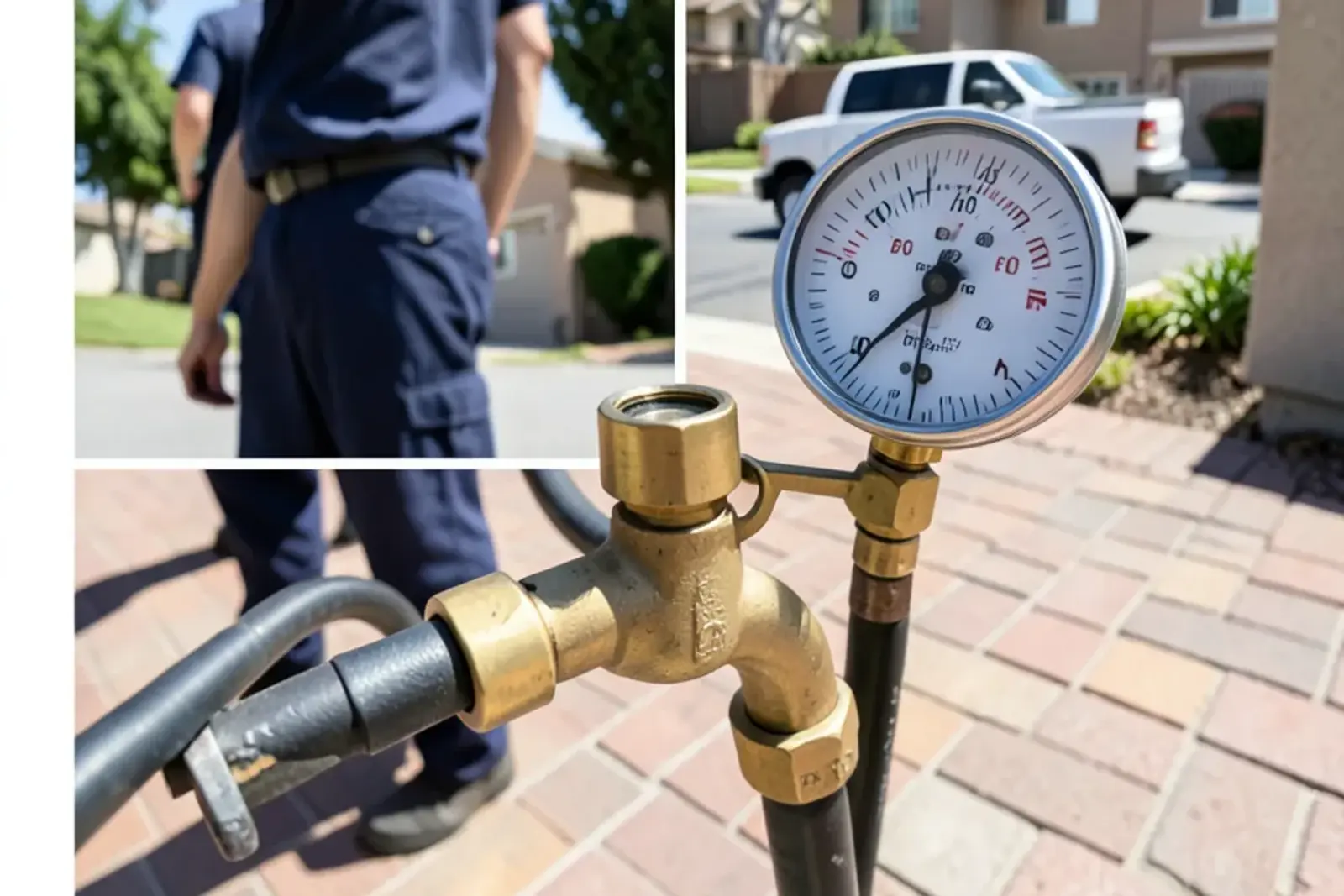 Water pressure test gauge connected to an outdoor hose bibb in Artesia
