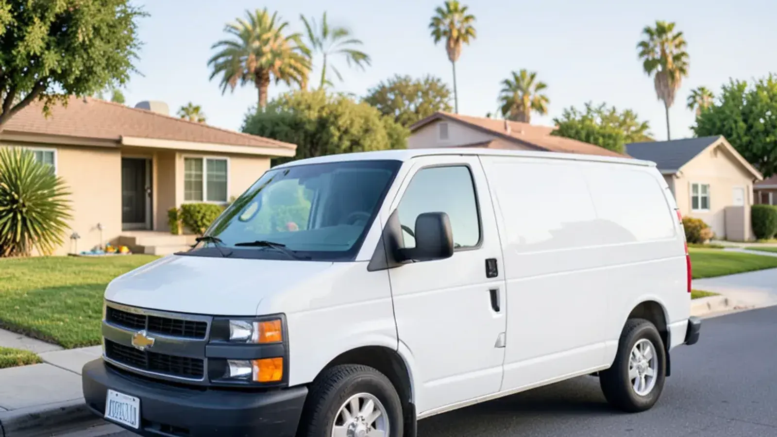 Plumbing service van parked in a residential neighborhood in Artesia