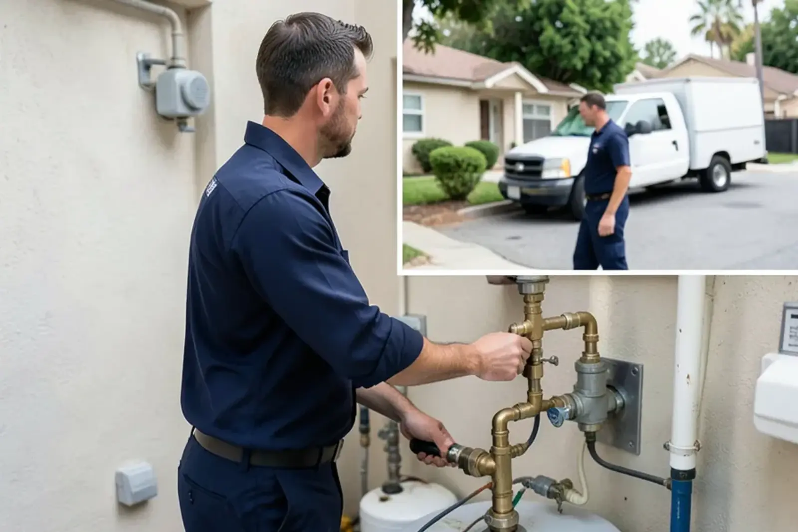 Plumber inspecting a residential water heater in a Buena Park home garage