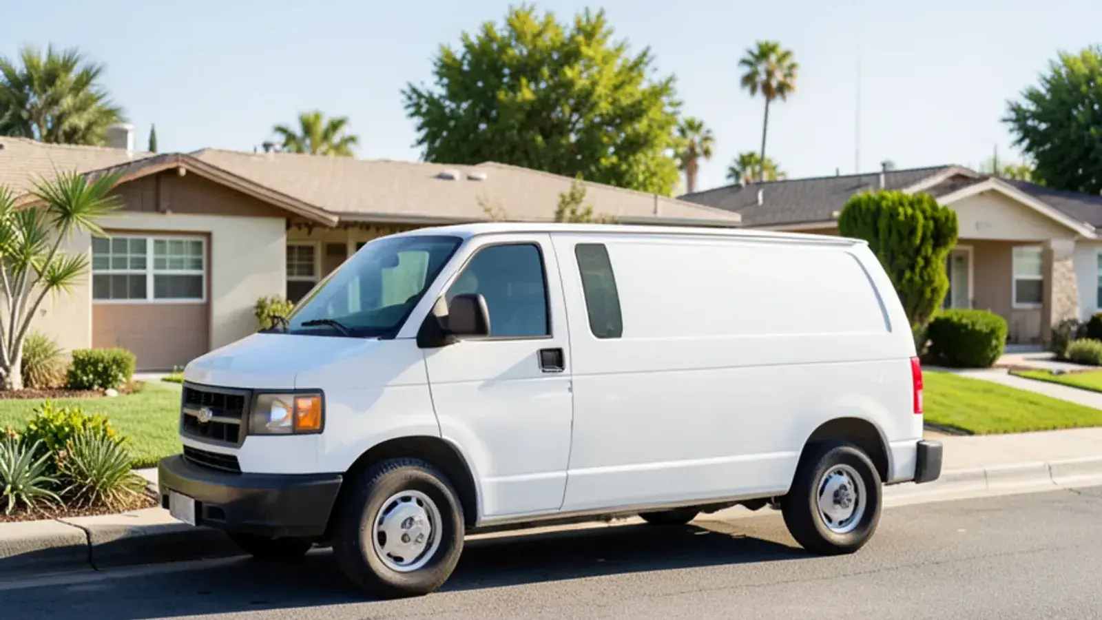 Plumbing service van parked in a residential neighborhood in Buena Park