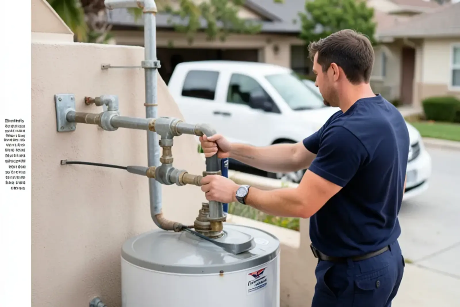 Plumber inspecting a residential water heater in a Cerritos home garage