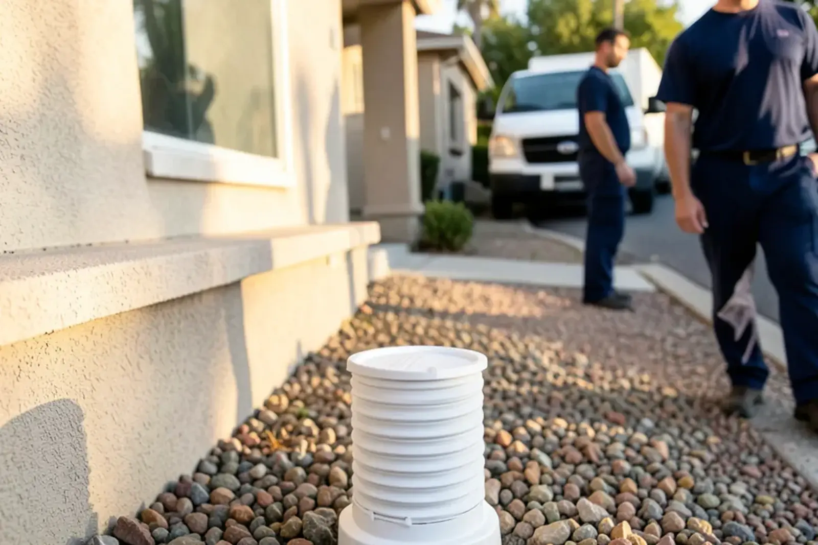 Exterior sewer cleanout riser located beside a home foundation in Cerritos