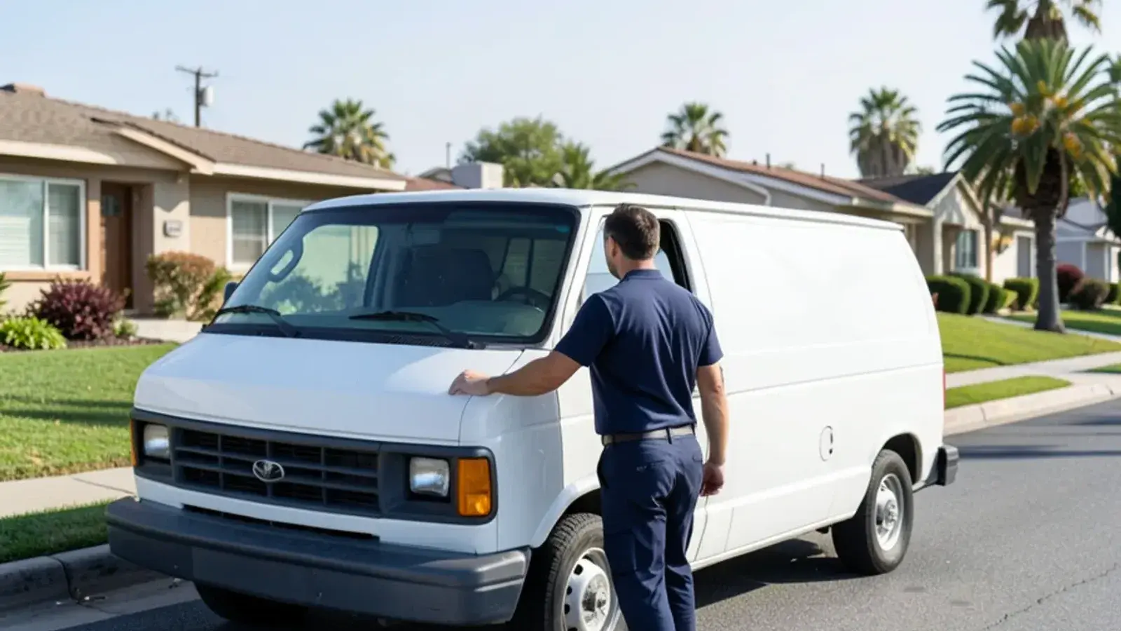 Plumbing service van parked in a residential neighborhood in Cerritos