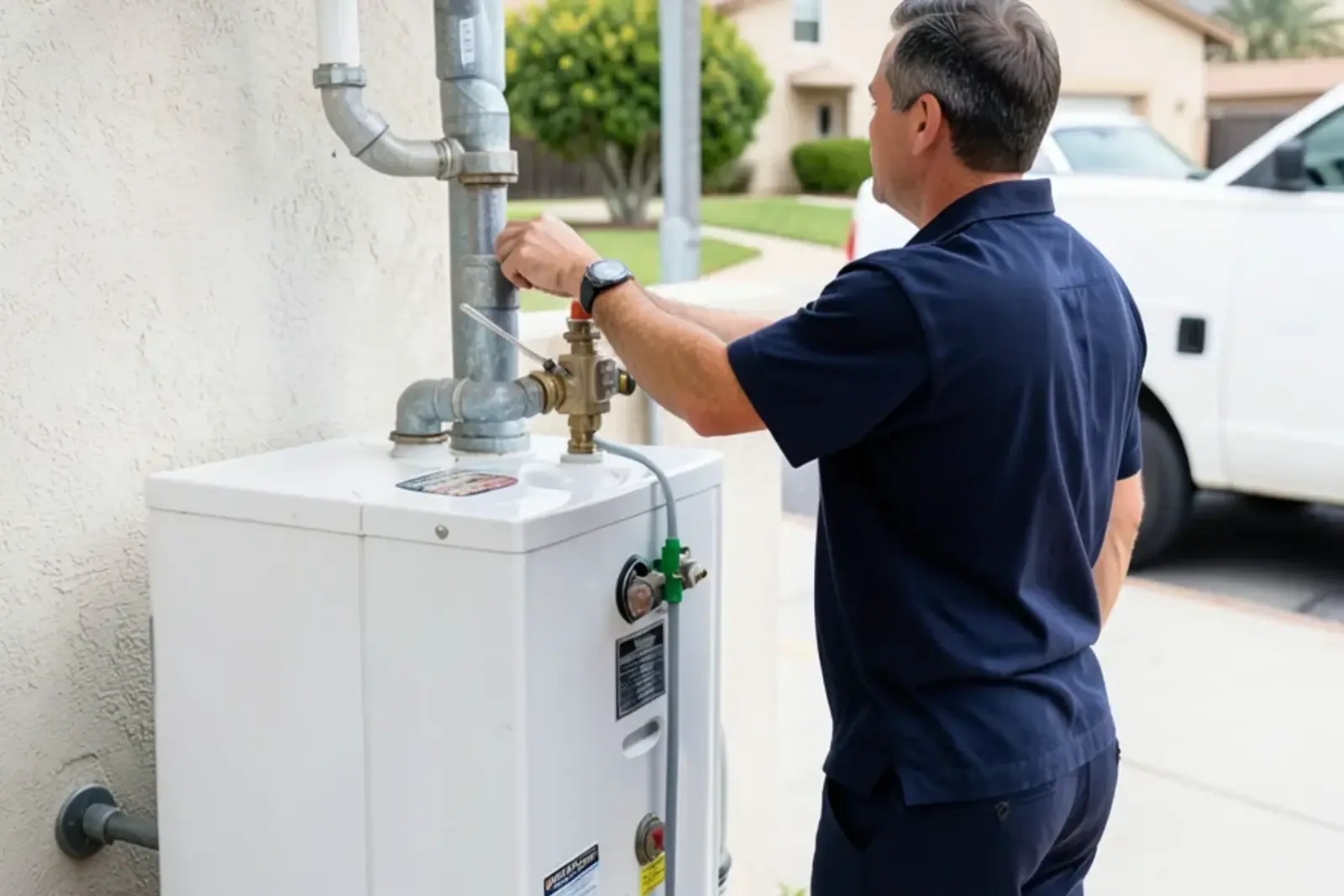 Plumber inspecting a residential water heater in a Cypress home garage