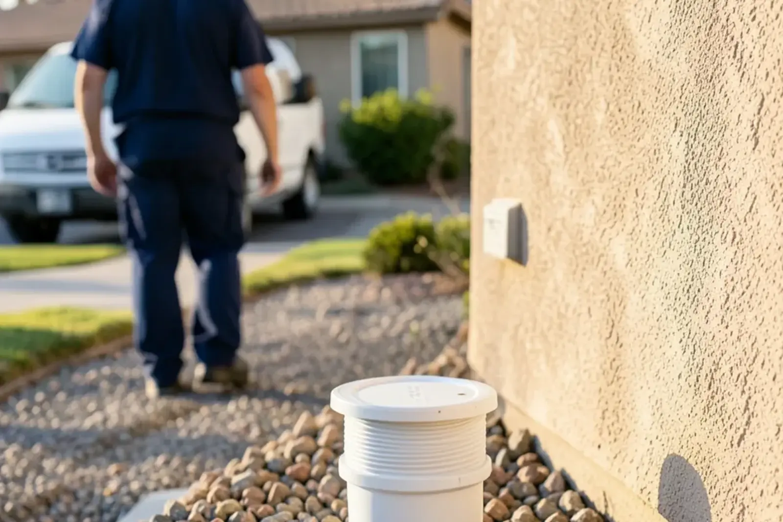 Exterior sewer cleanout riser located beside a home foundation in Cypress