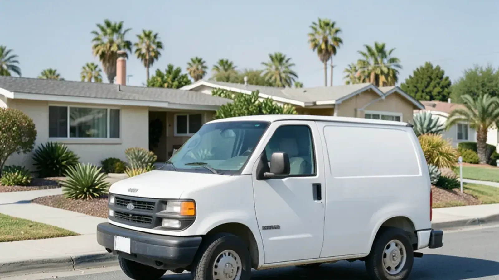 Plumbing service van parked in a residential neighborhood in Cypress
