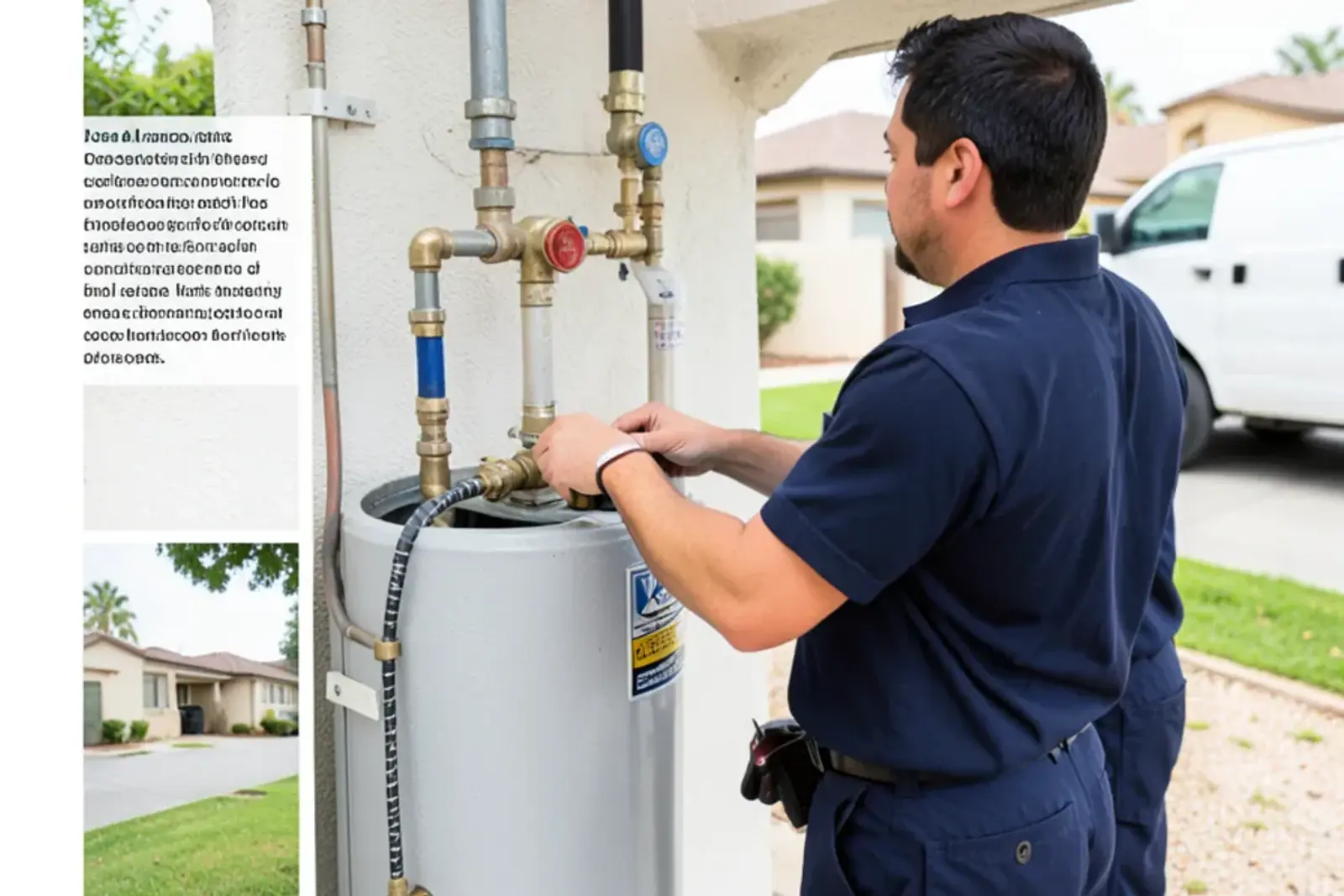 Plumber inspecting a residential water heater in a Garden Grove home garage