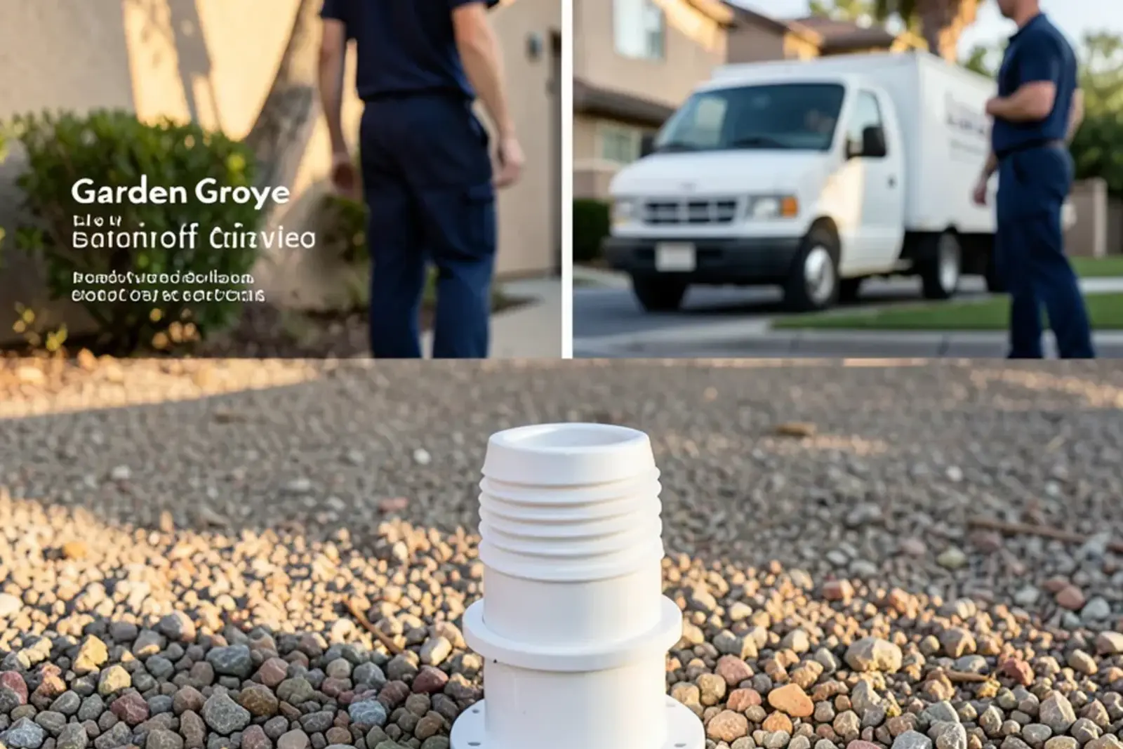Exterior sewer cleanout riser located beside a home foundation in Garden Grove