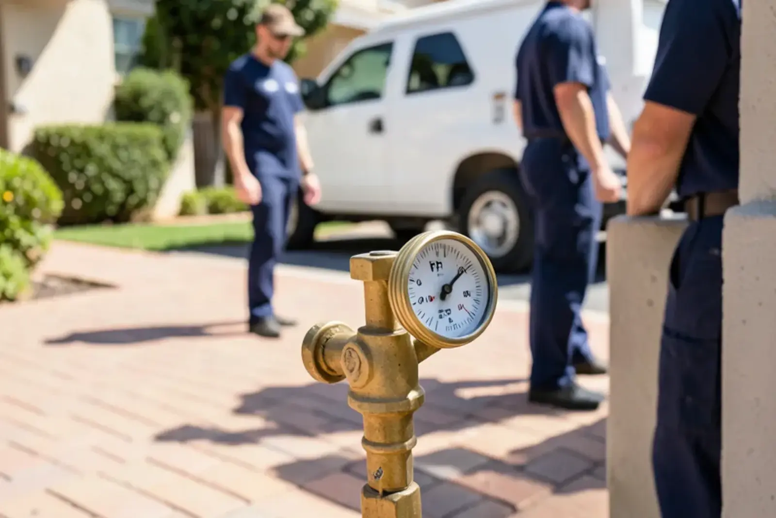Water pressure test gauge connected to an outdoor hose bibb in Garden Grove