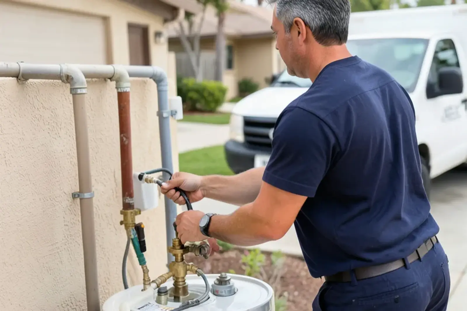Plumber inspecting a residential water heater in a Hawaiian Gardens home garage