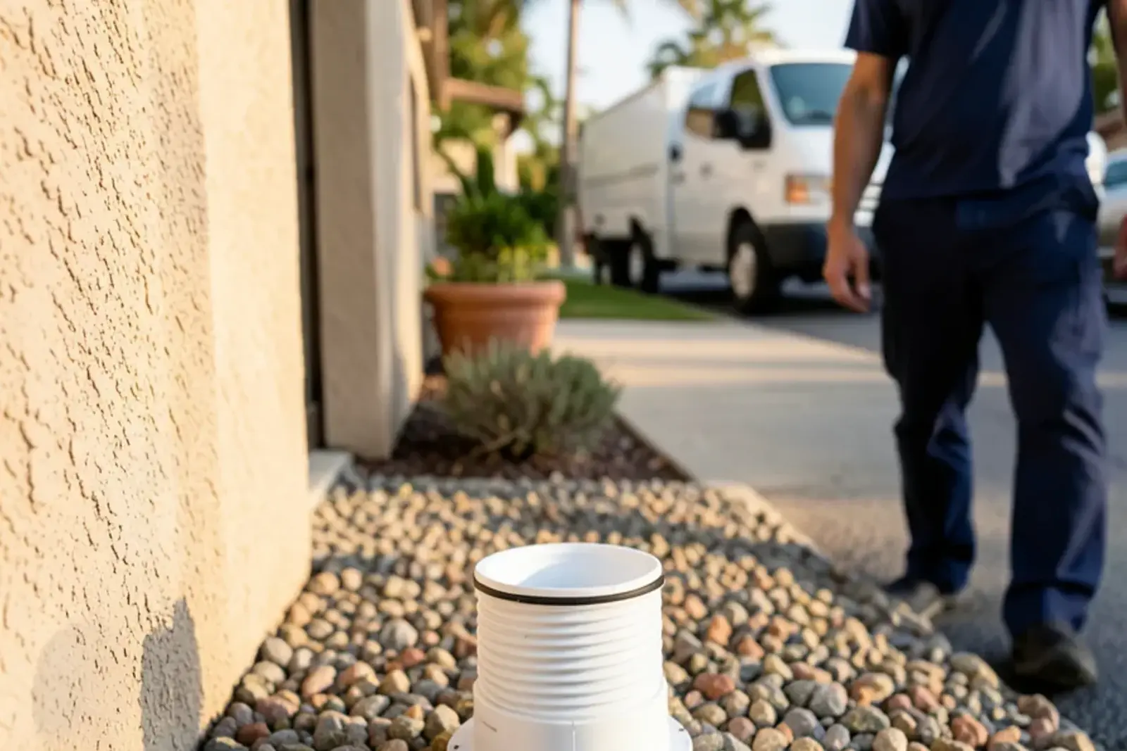 Exterior sewer cleanout riser located beside a home foundation in Hawaiian Gardens