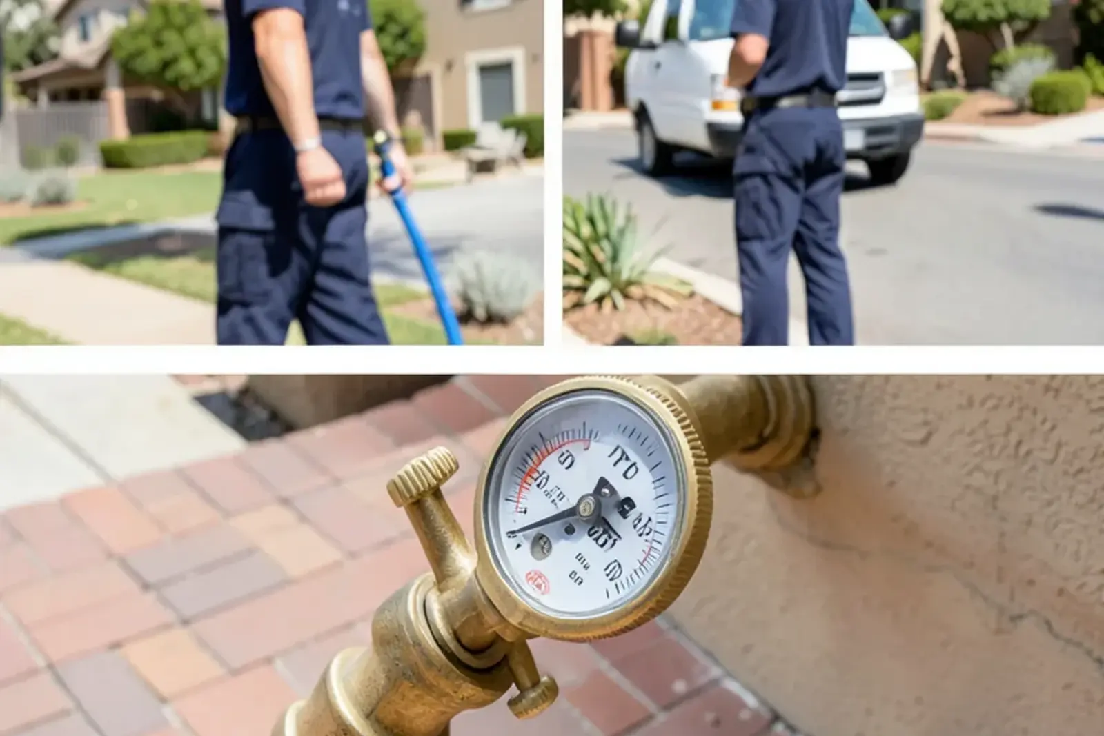Water pressure test gauge connected to an outdoor hose bibb in Hawaiian Gardens