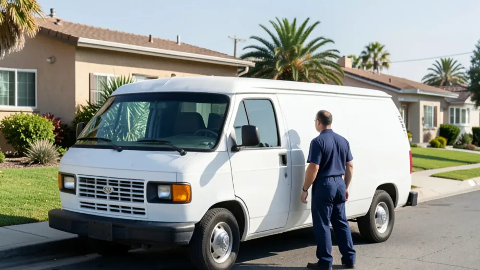 Plumbing service van parked in a residential neighborhood in Hawaiian Gardens