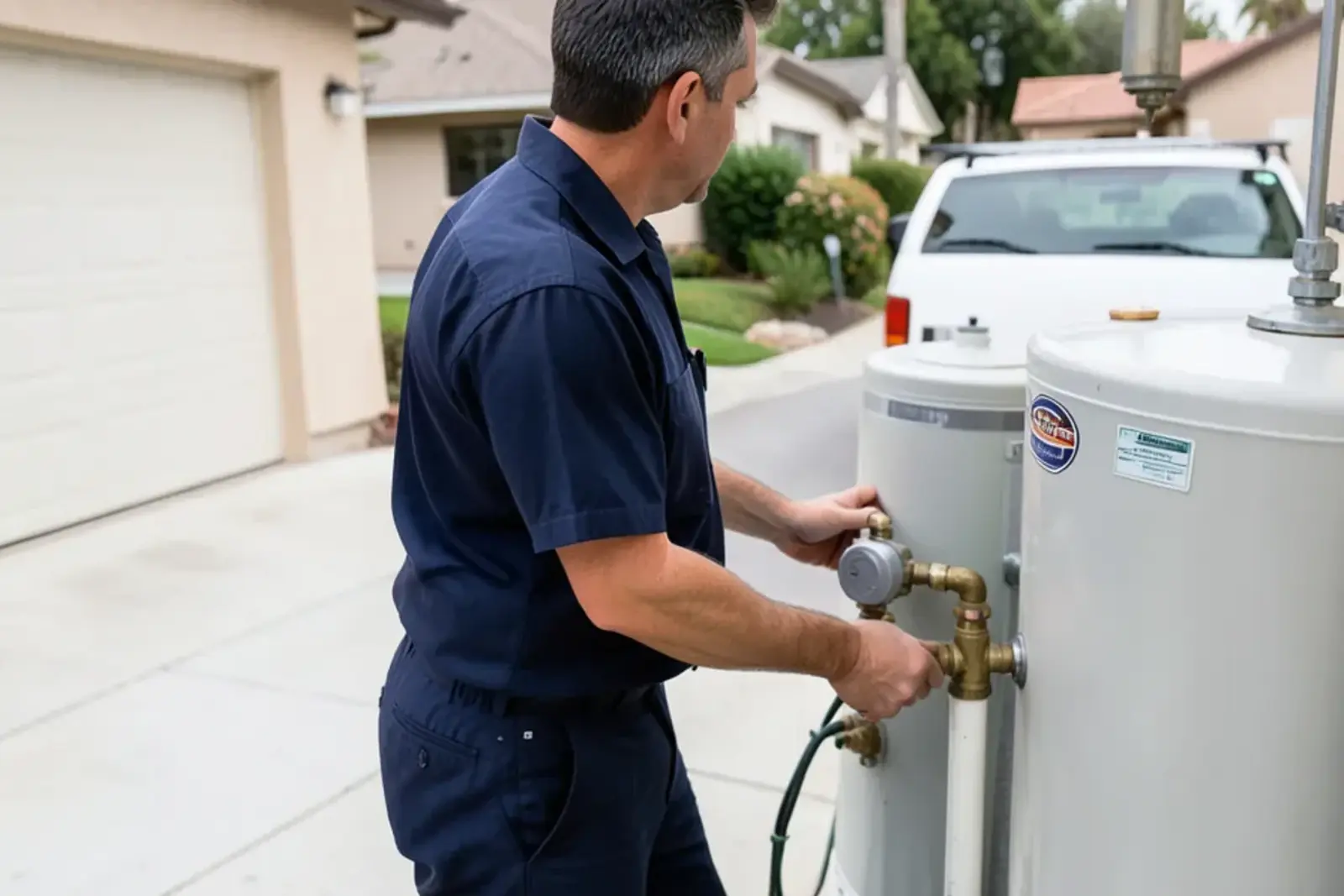 Plumber inspecting a residential water heater in a La Palma home garage