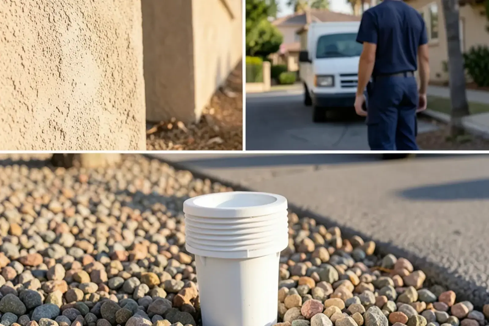 Exterior sewer cleanout riser located beside a home foundation in La Palma