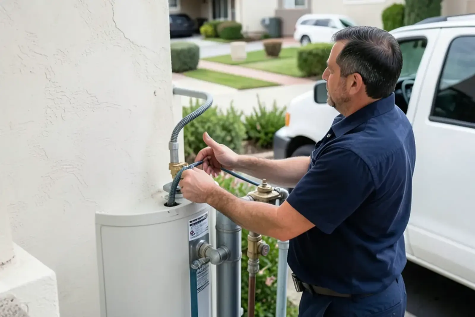 Plumber inspecting a residential water heater in a Lakewood home garage