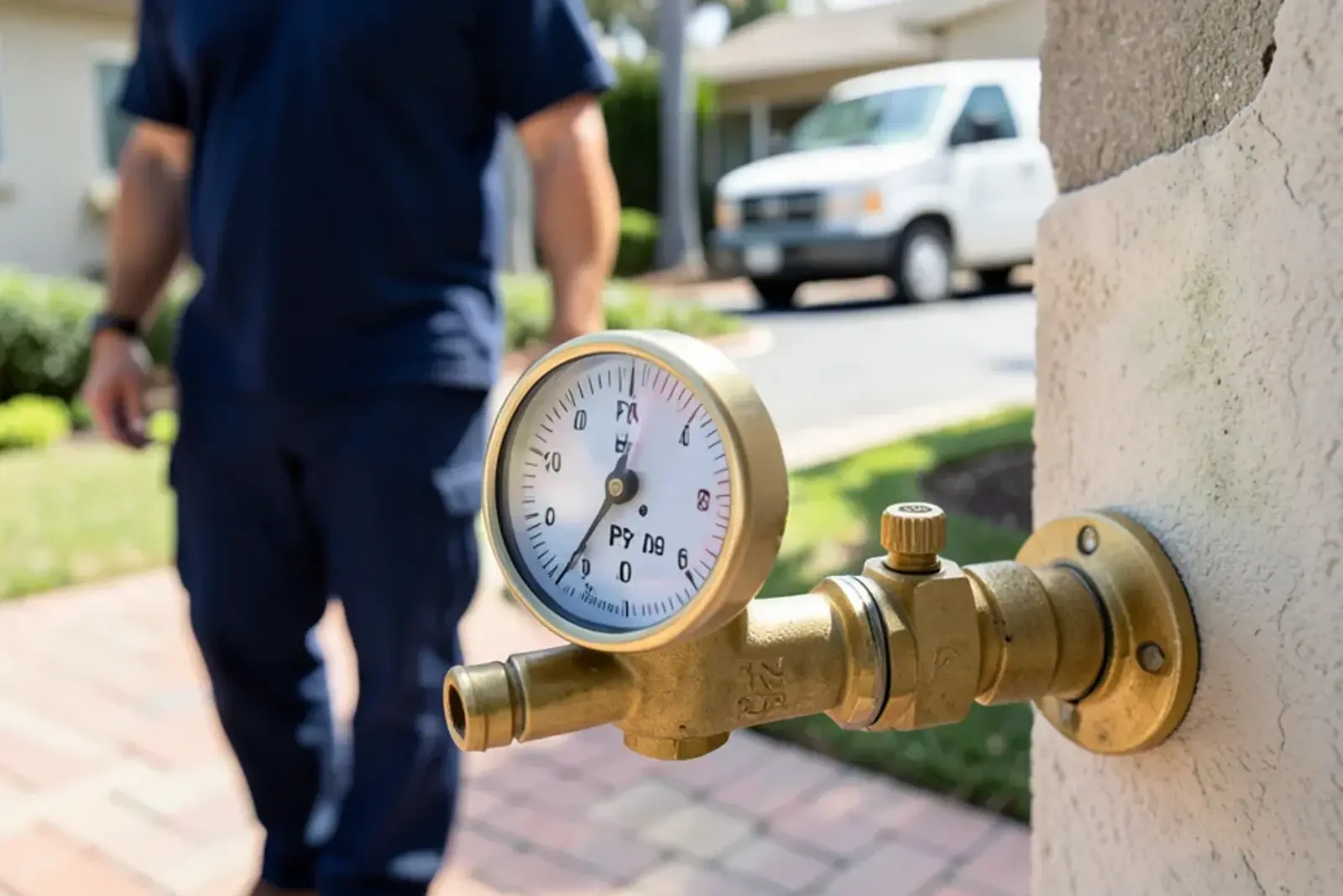 Water pressure test gauge connected to an outdoor hose bibb in Lakewood