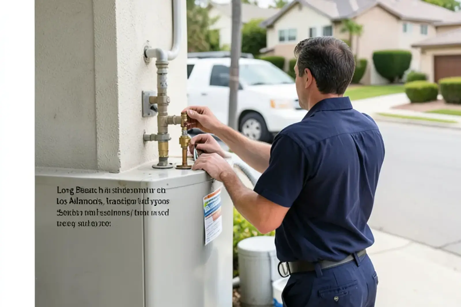 Plumber inspecting a residential water heater in a Long Beach home garage