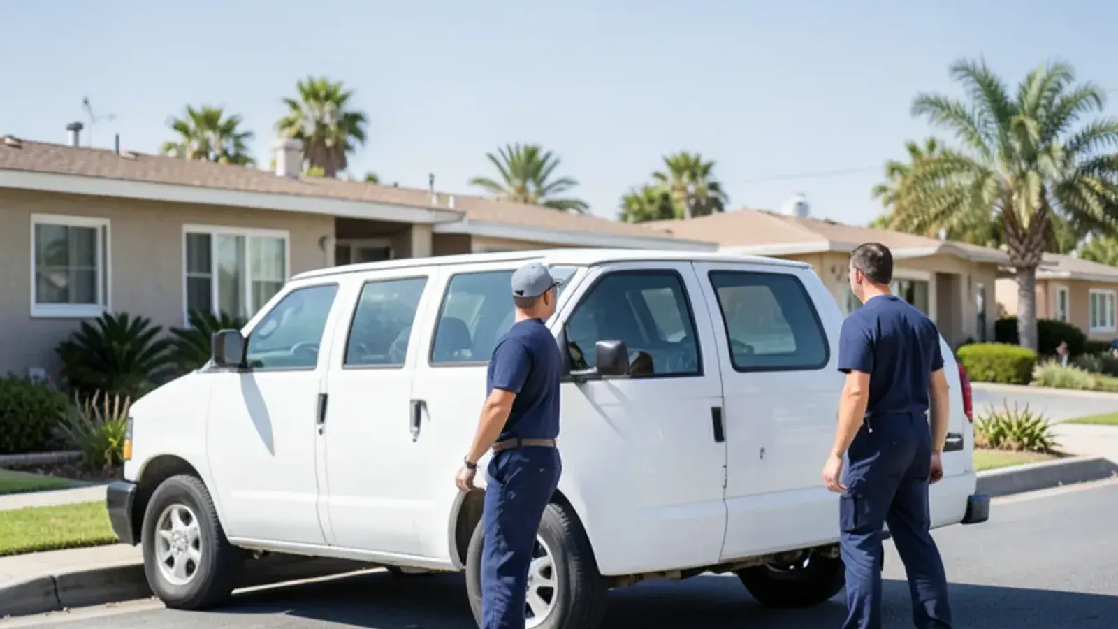 Plumbing service van parked in a residential neighborhood in Long Beach