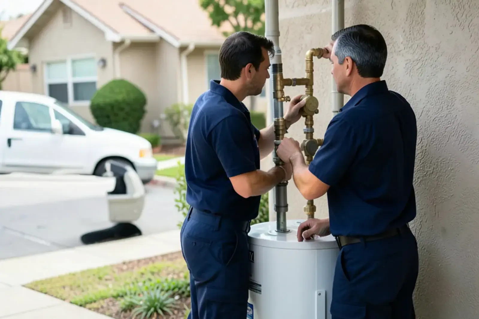 Plumber inspecting a residential water heater in a Orange County home garage