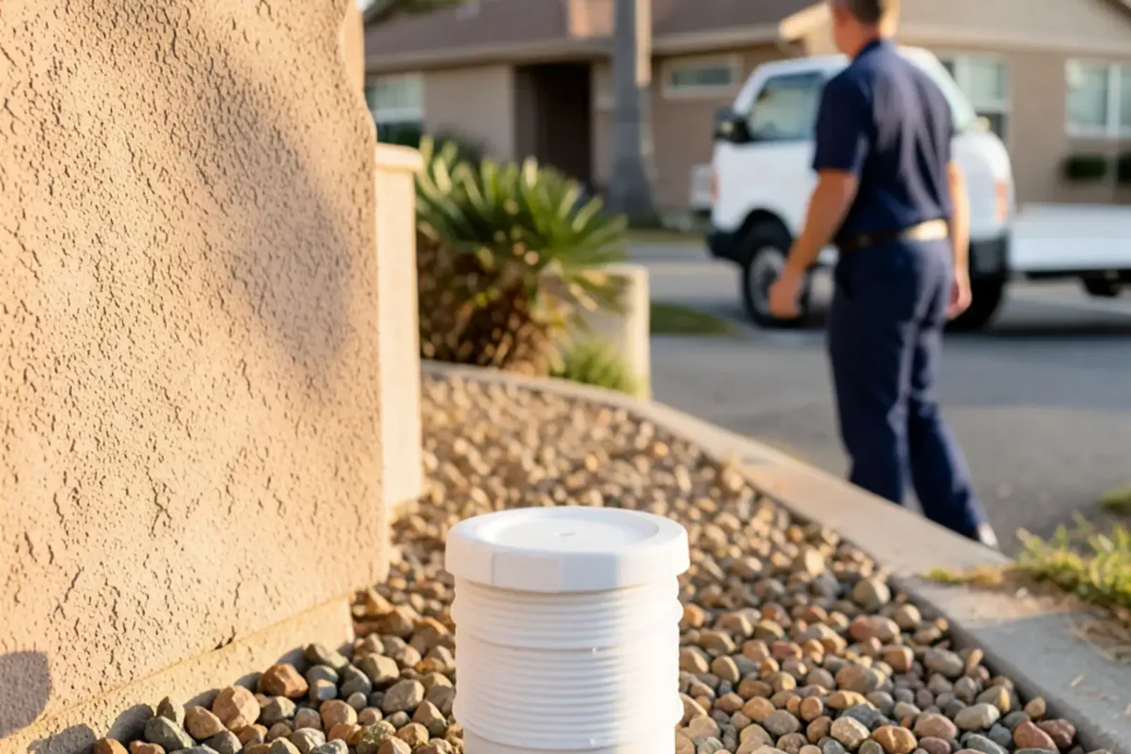 Exterior sewer cleanout riser located beside a home foundation in Orange County