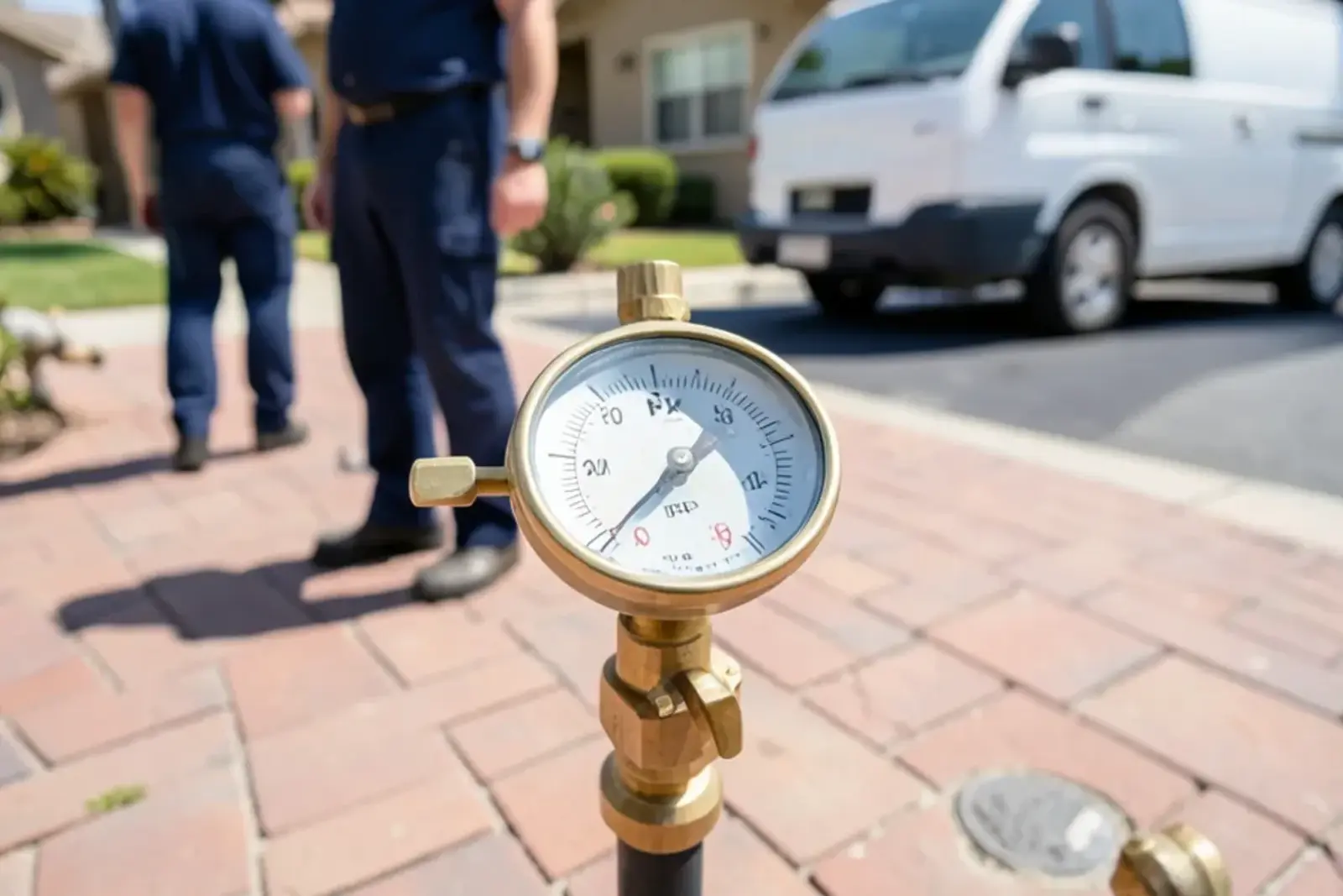 Water pressure test gauge connected to an outdoor hose bibb in Orange County