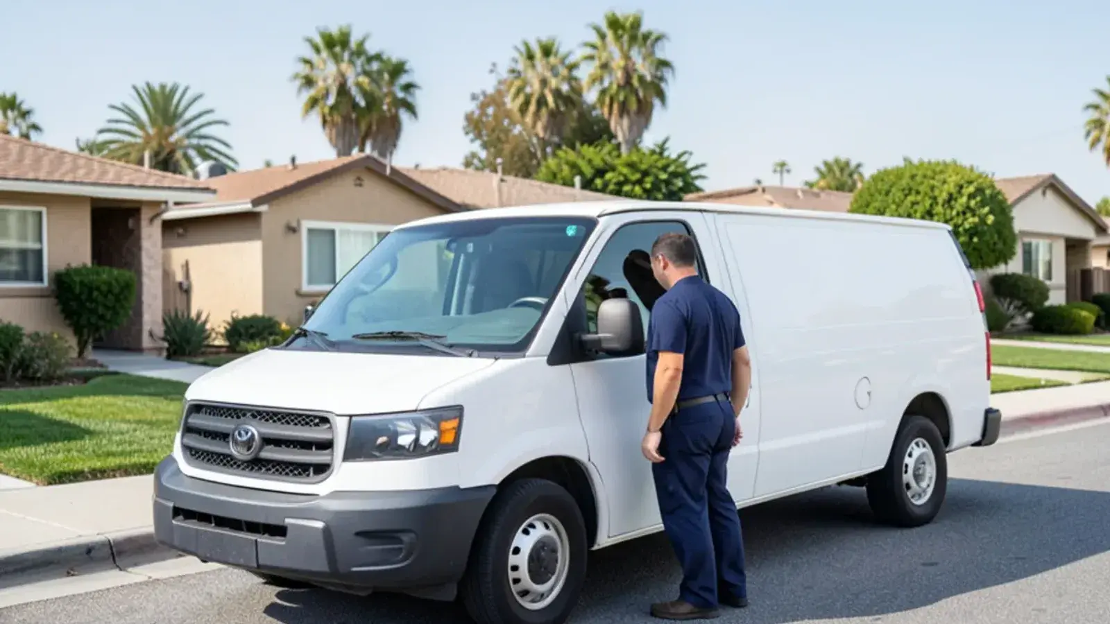Plumbing service van parked in a residential neighborhood in Orange County