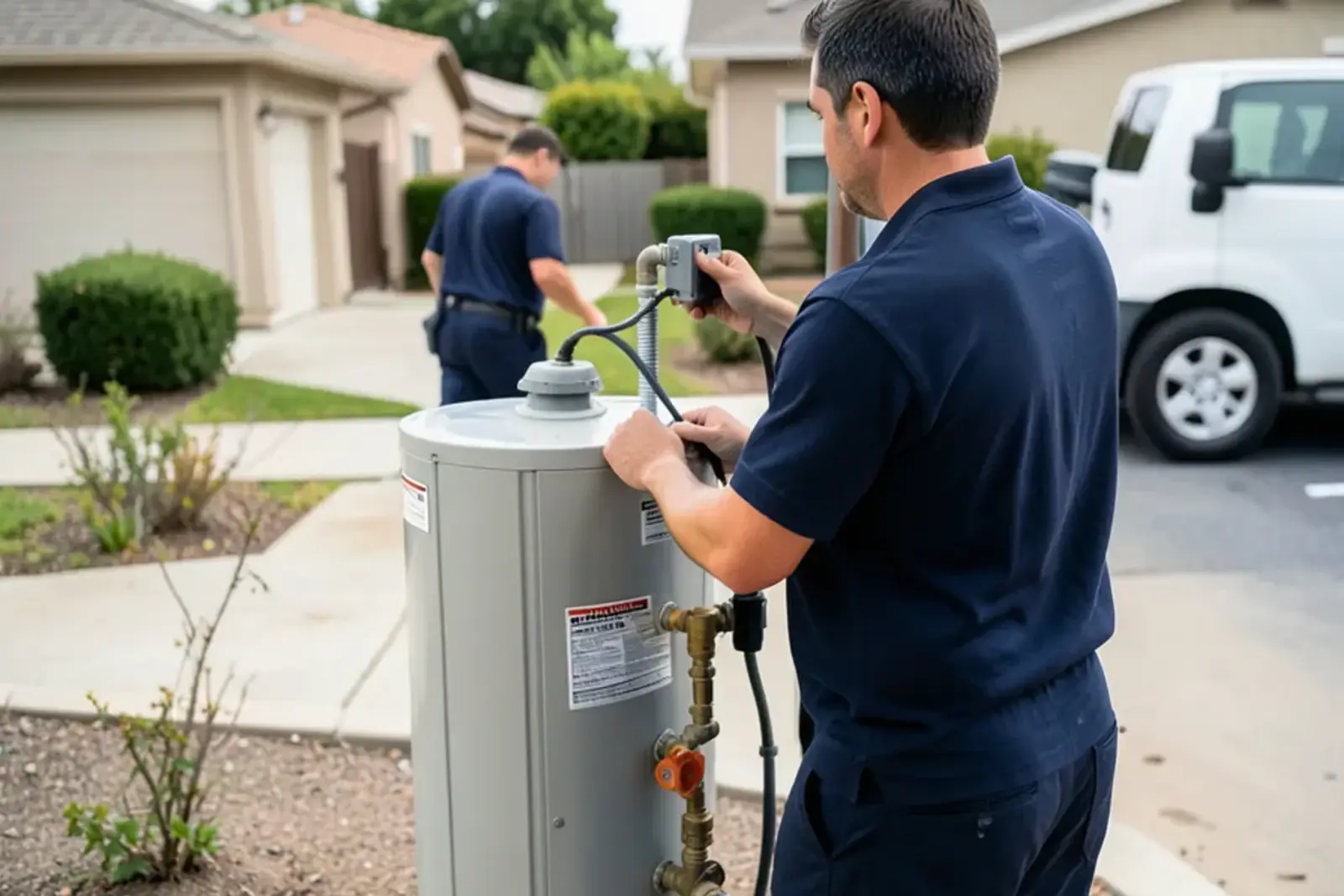 Plumber inspecting a residential water heater in a Rossmoor home garage