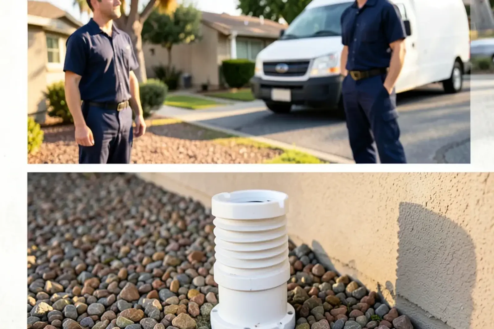 Exterior sewer cleanout riser located beside a home foundation in Rossmoor