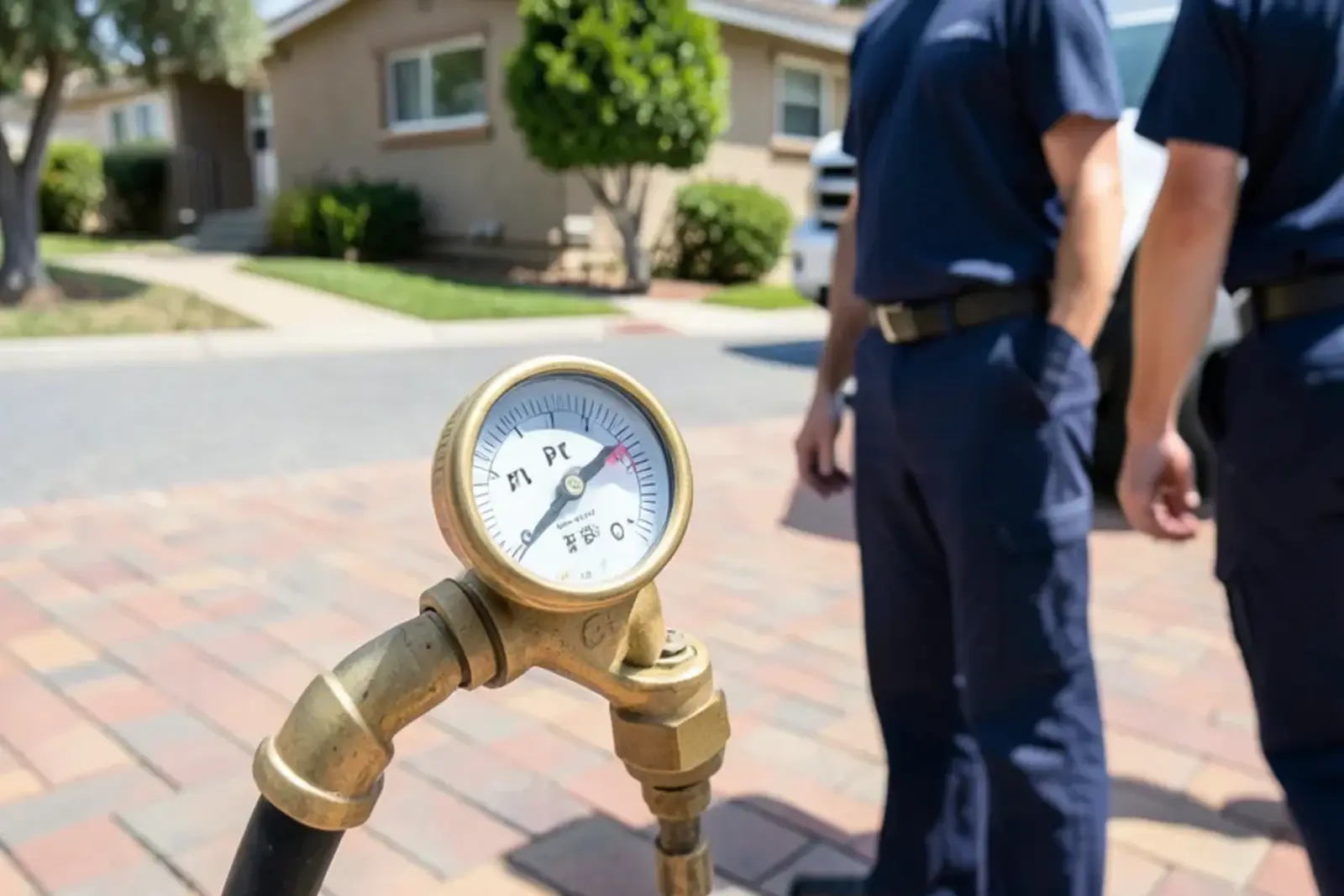 Water pressure test gauge connected to an outdoor hose bibb in Rossmoor