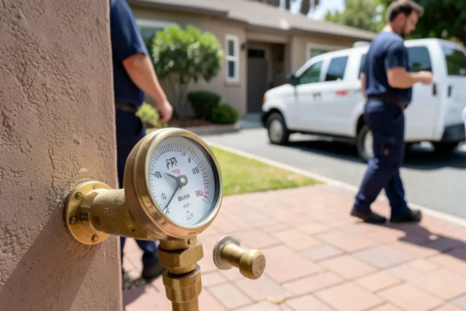 Water pressure test gauge connected to an outdoor hose bibb in Seal Beach