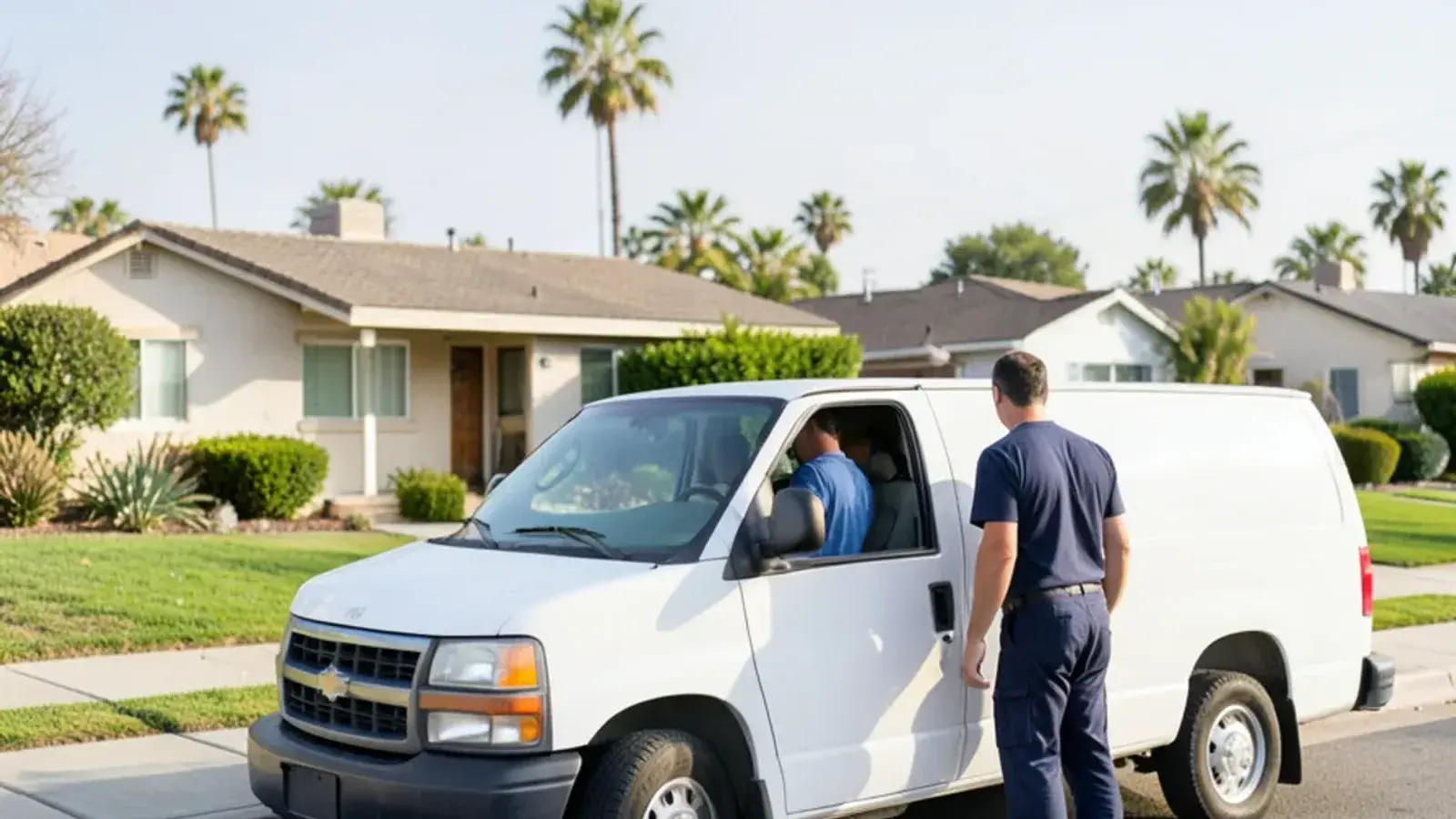 Plumbing service van parked in a residential neighborhood in Seal Beach