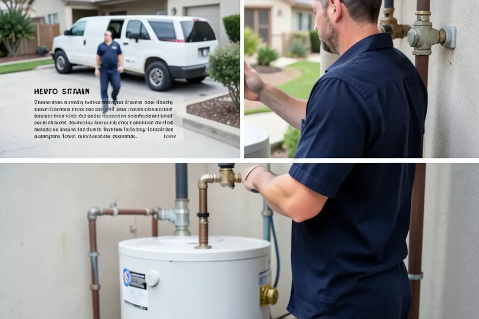 Plumber inspecting a residential water heater in a Stanton home garage