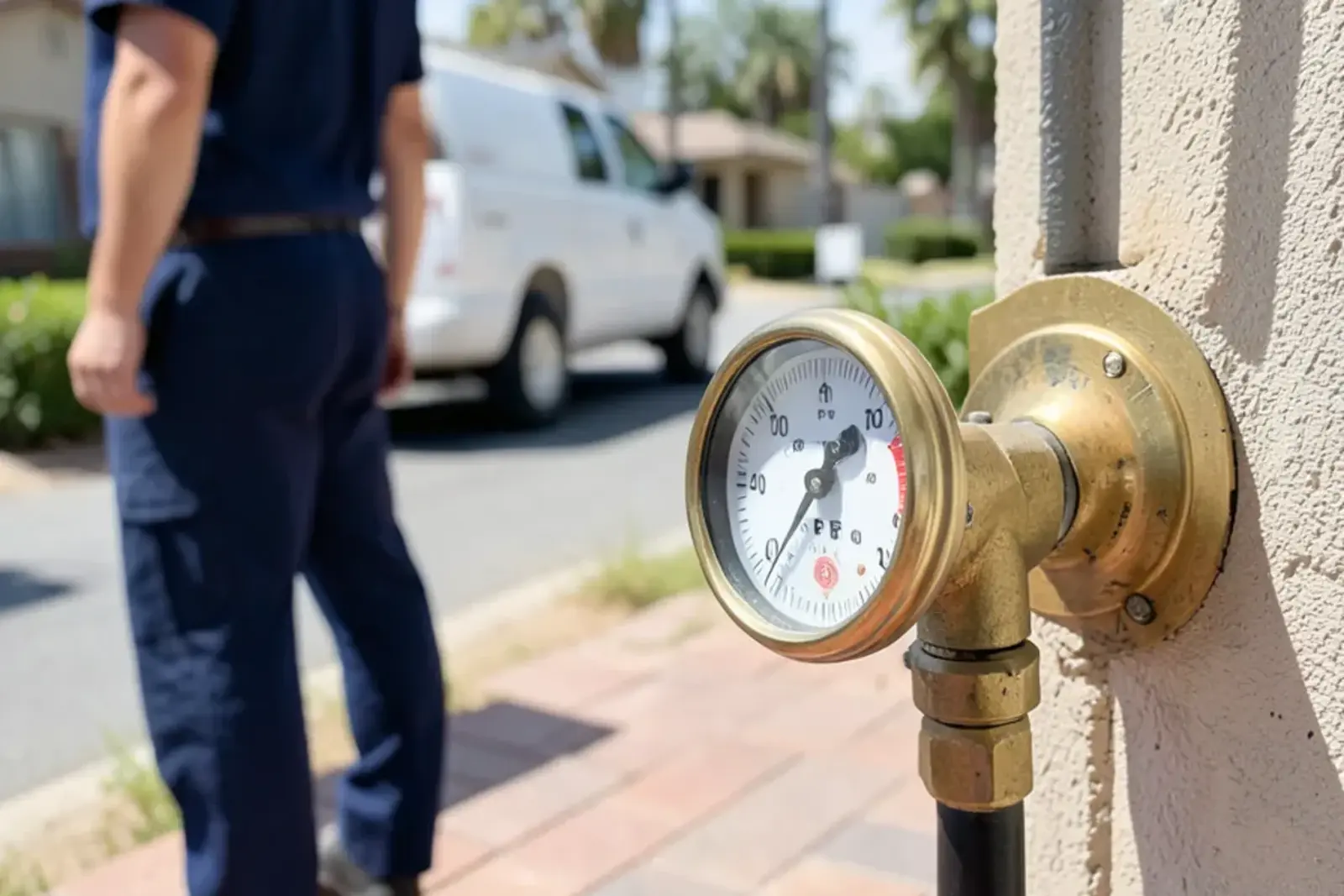 Water pressure test gauge connected to an outdoor hose bibb in Stanton