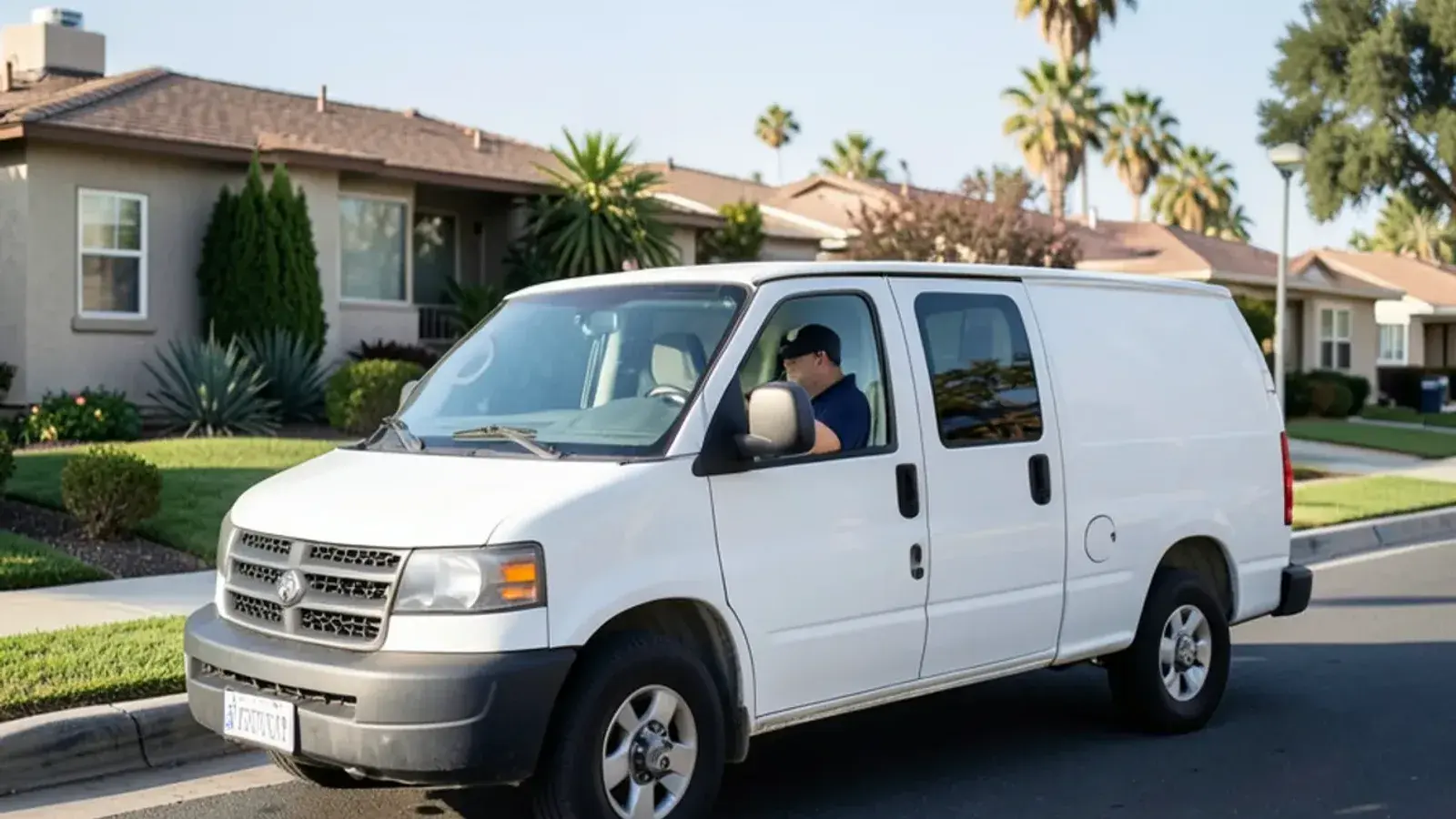 Plumbing service van parked in a residential neighborhood in Stanton