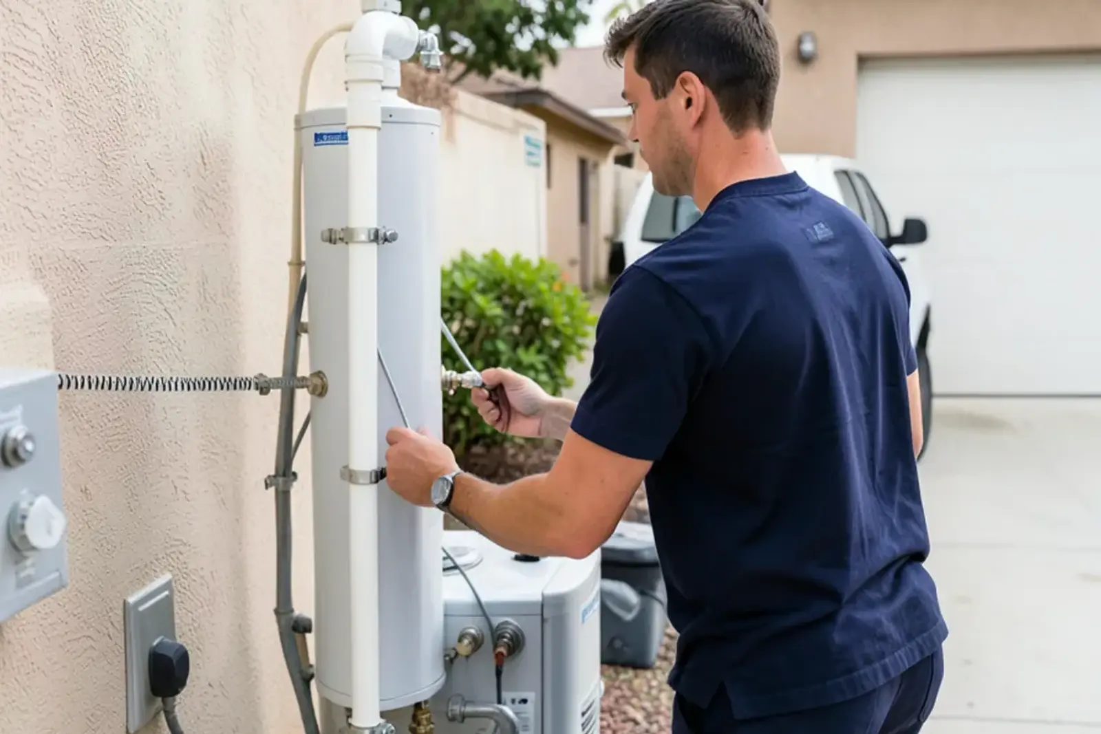 Plumber inspecting a residential water heater in a Westminster home garage
