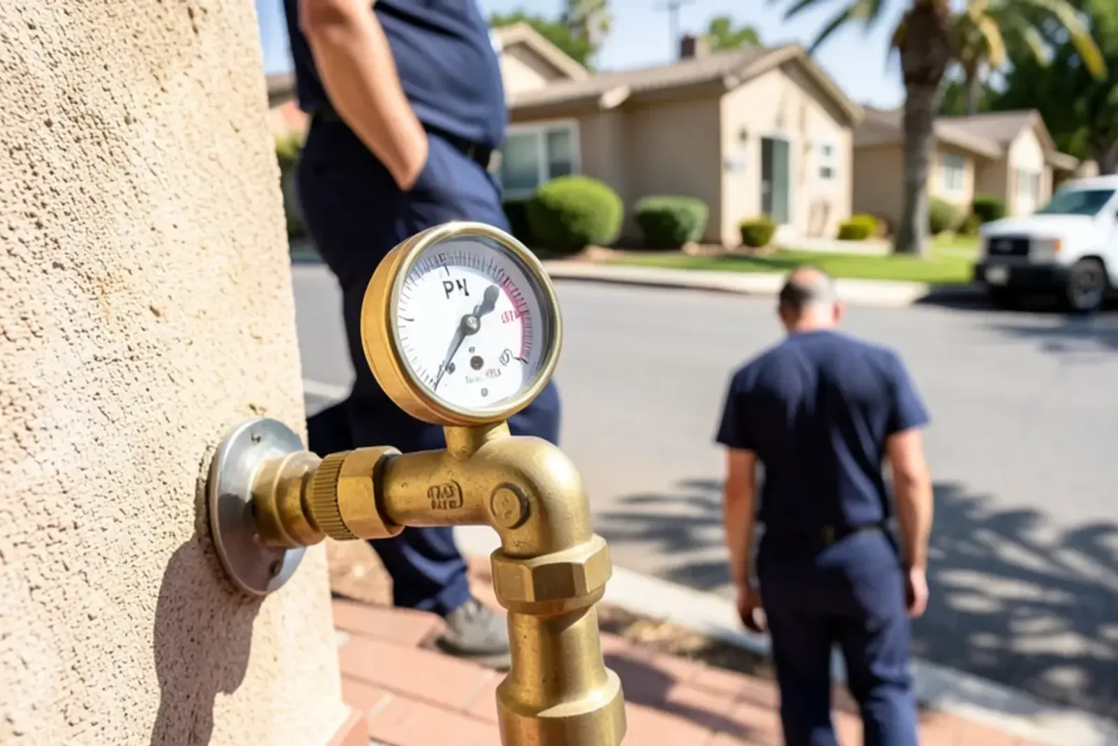 Water pressure test gauge connected to an outdoor hose bibb in Westminster