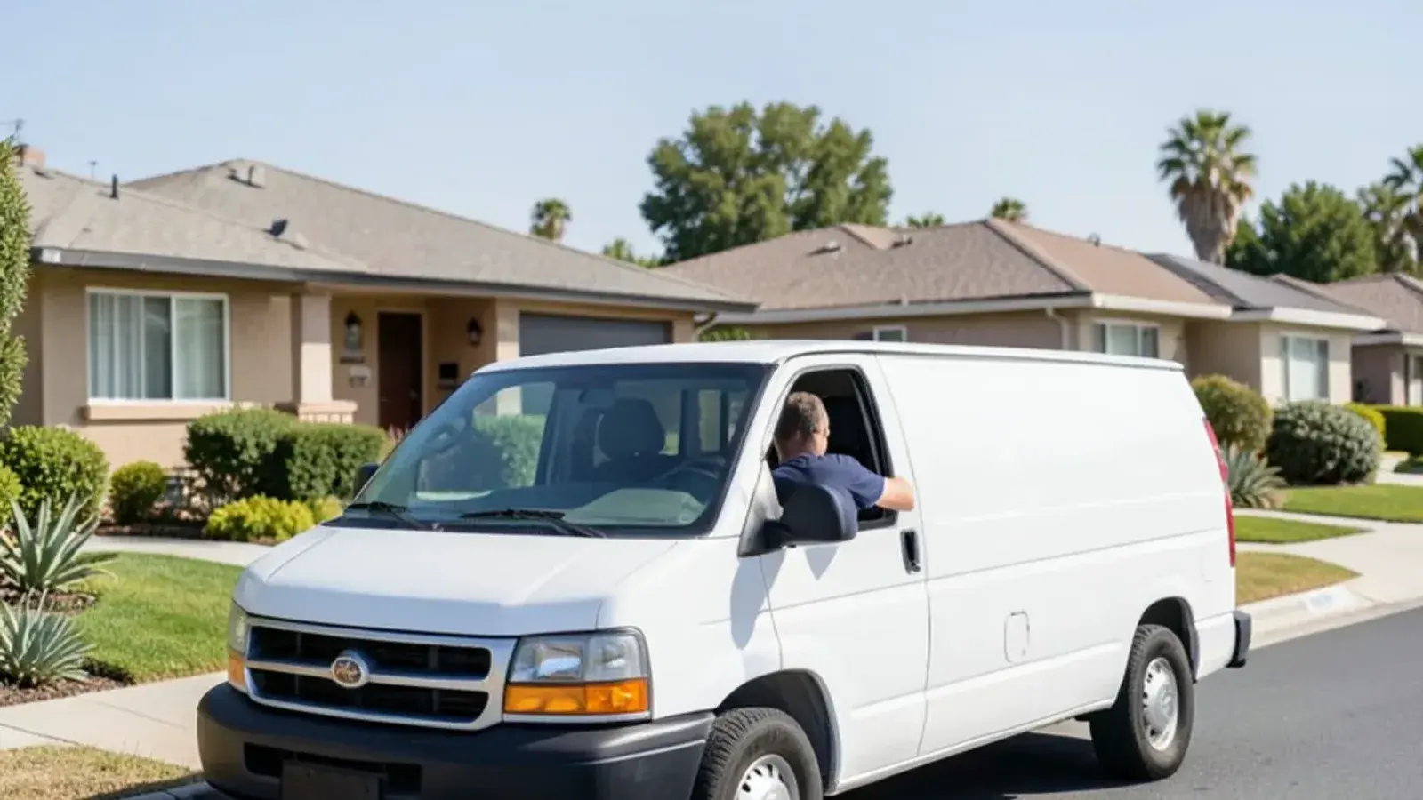 Plumbing service van parked in a residential neighborhood in Westminster