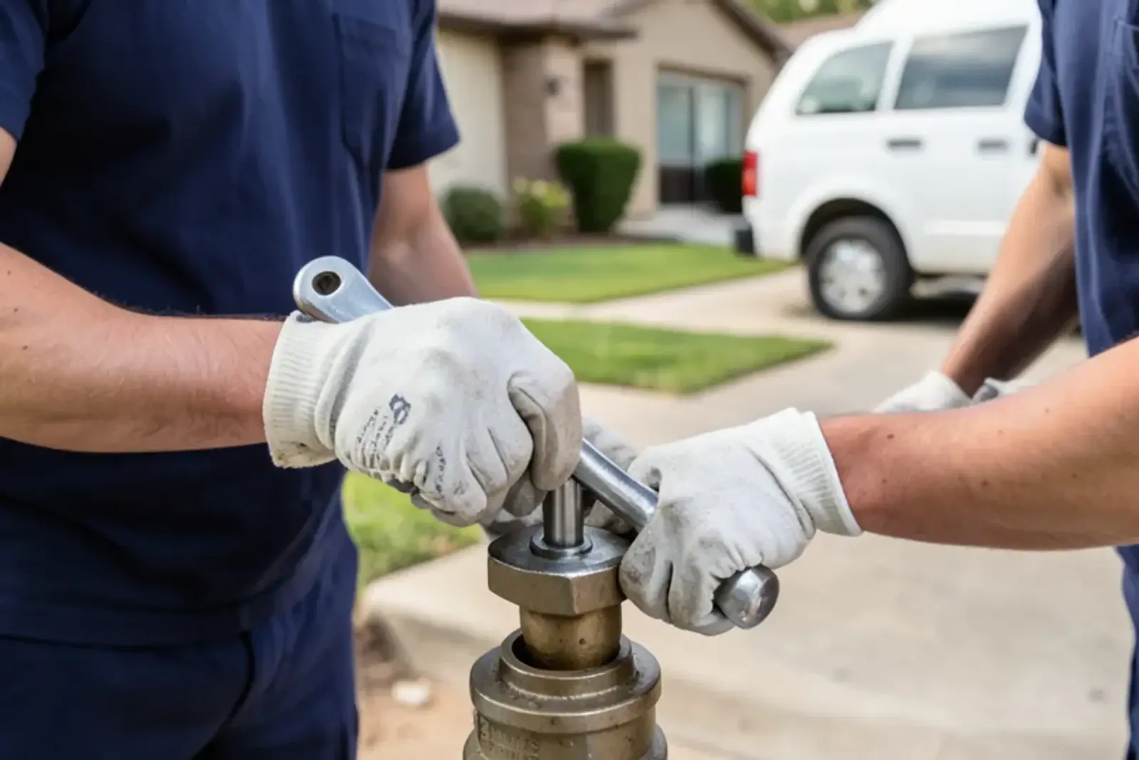 Technician servicing residential plumbing fittings related to finding the main water shutoff valve on a slab home