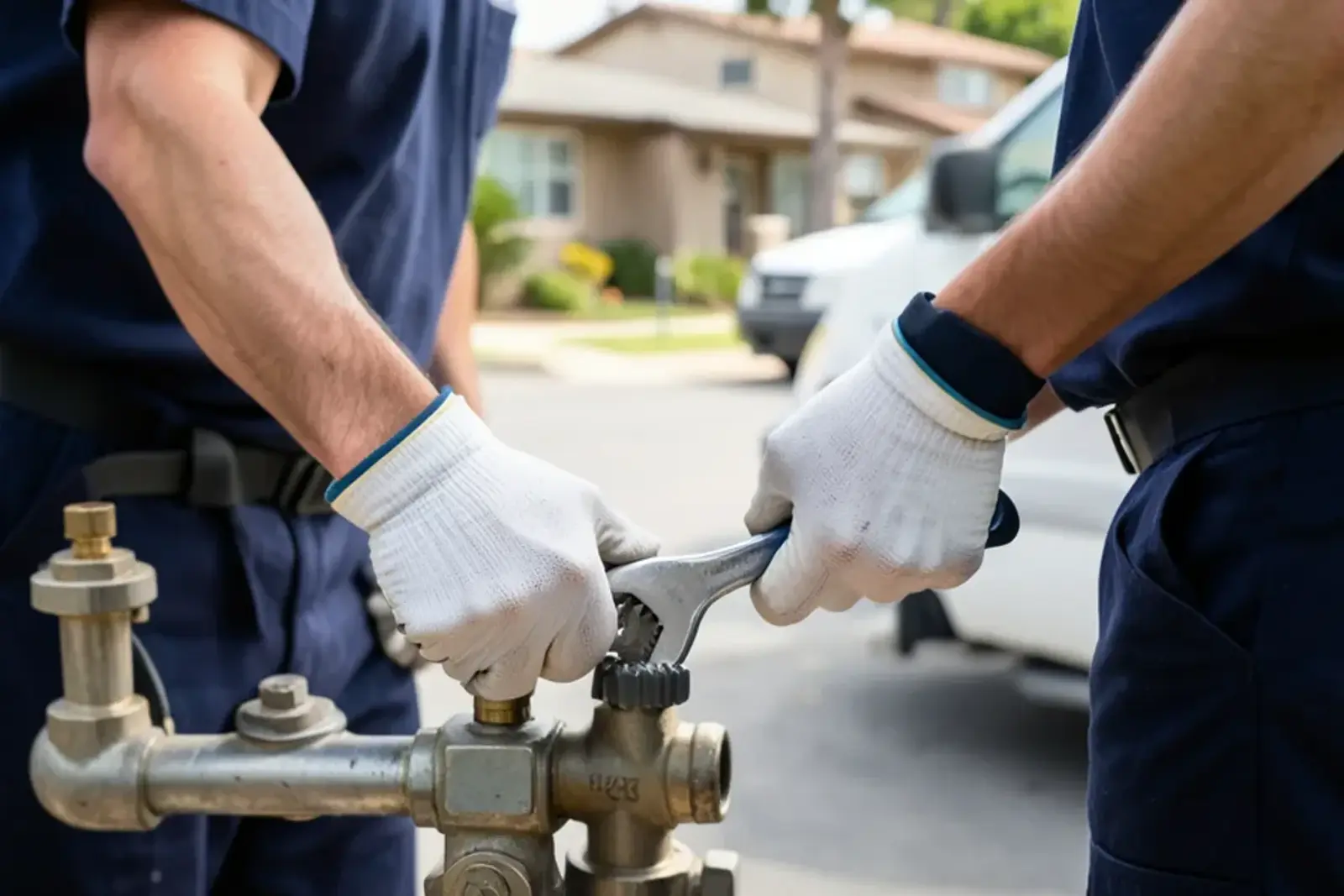 Technician servicing residential plumbing fittings related to gas safety and meter shutoff protocols after an earthquake