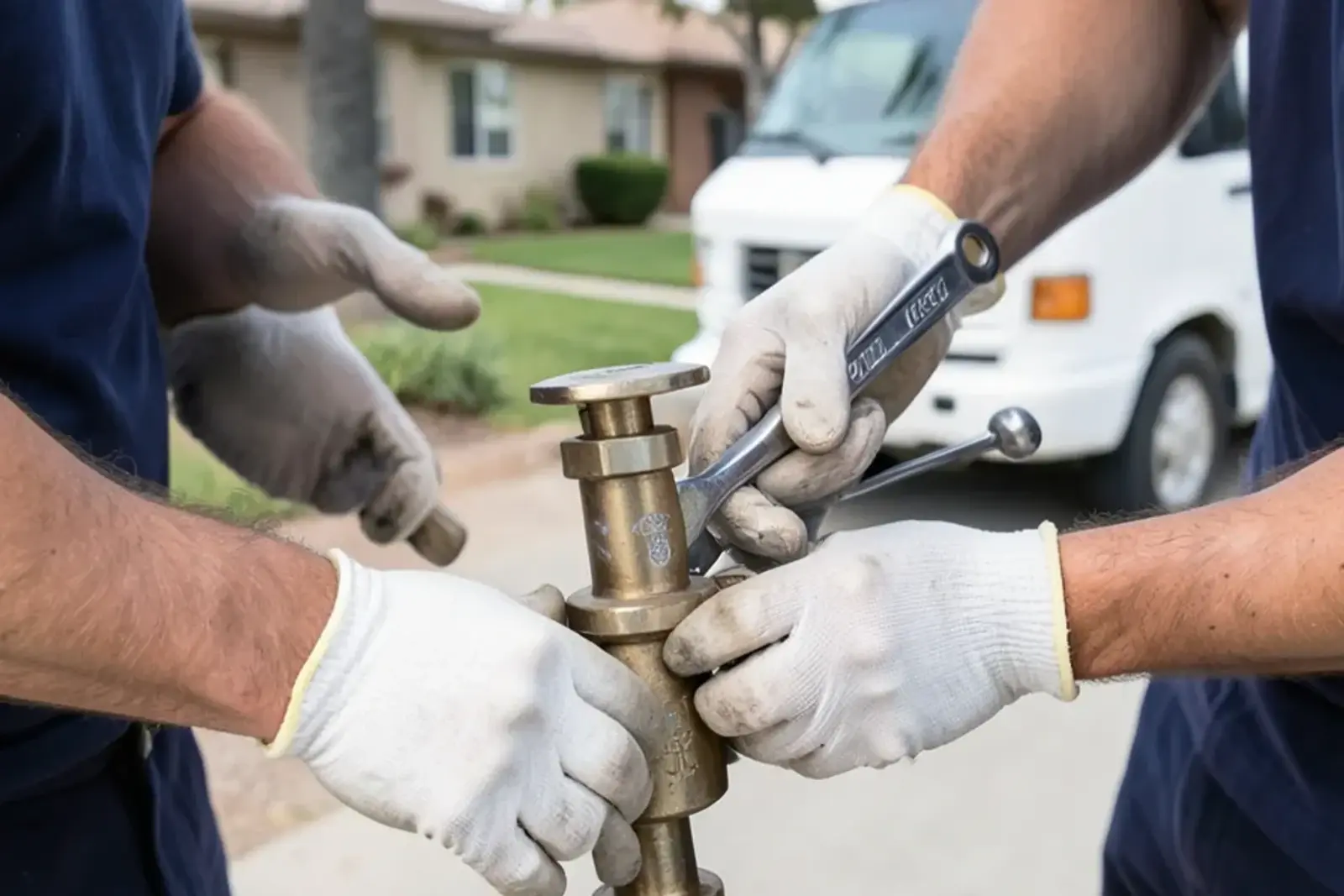 Technician servicing residential plumbing fittings related to high coastal groundwater and low-elevation lots near Coyote Creek