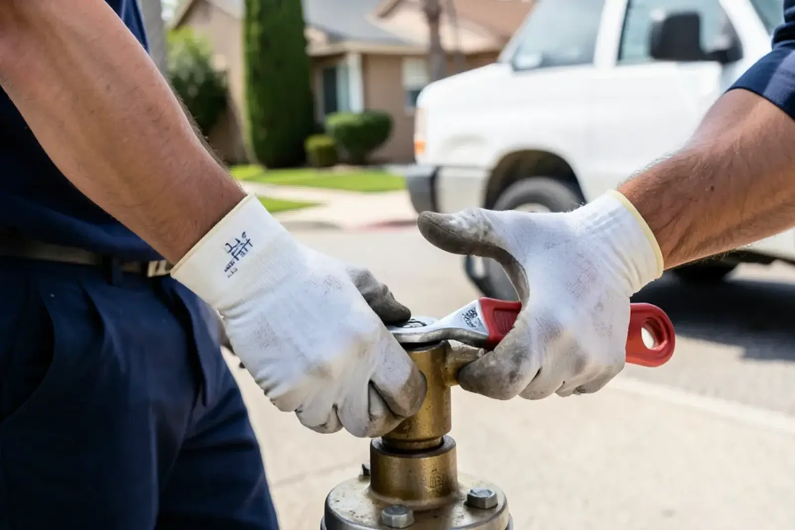 Technician servicing residential plumbing fittings related to postwar plumbing systems in Los Alamitos and Rossmoor homes