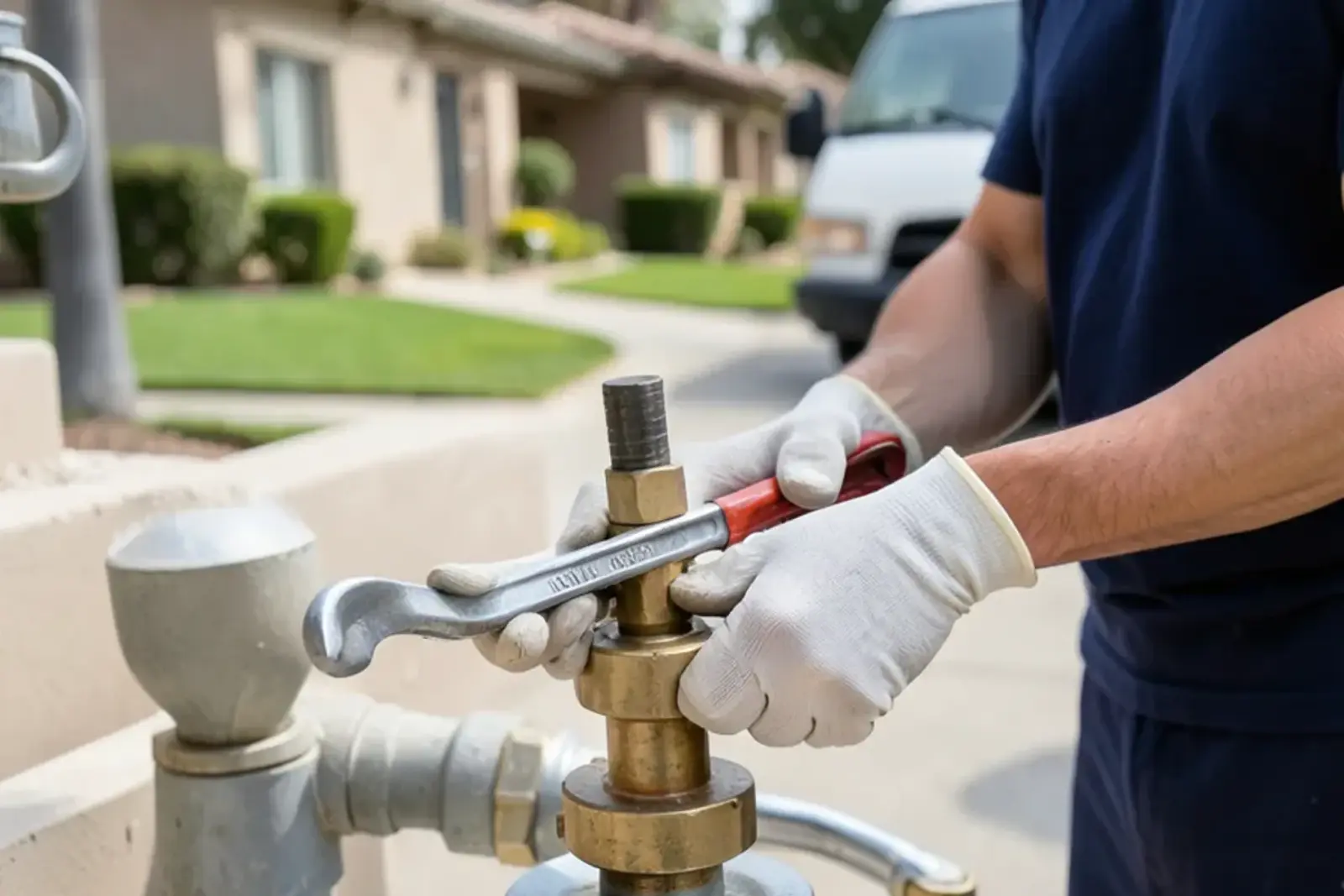 Technician servicing residential plumbing fittings related to sewer camera inspections before purchasing an older home