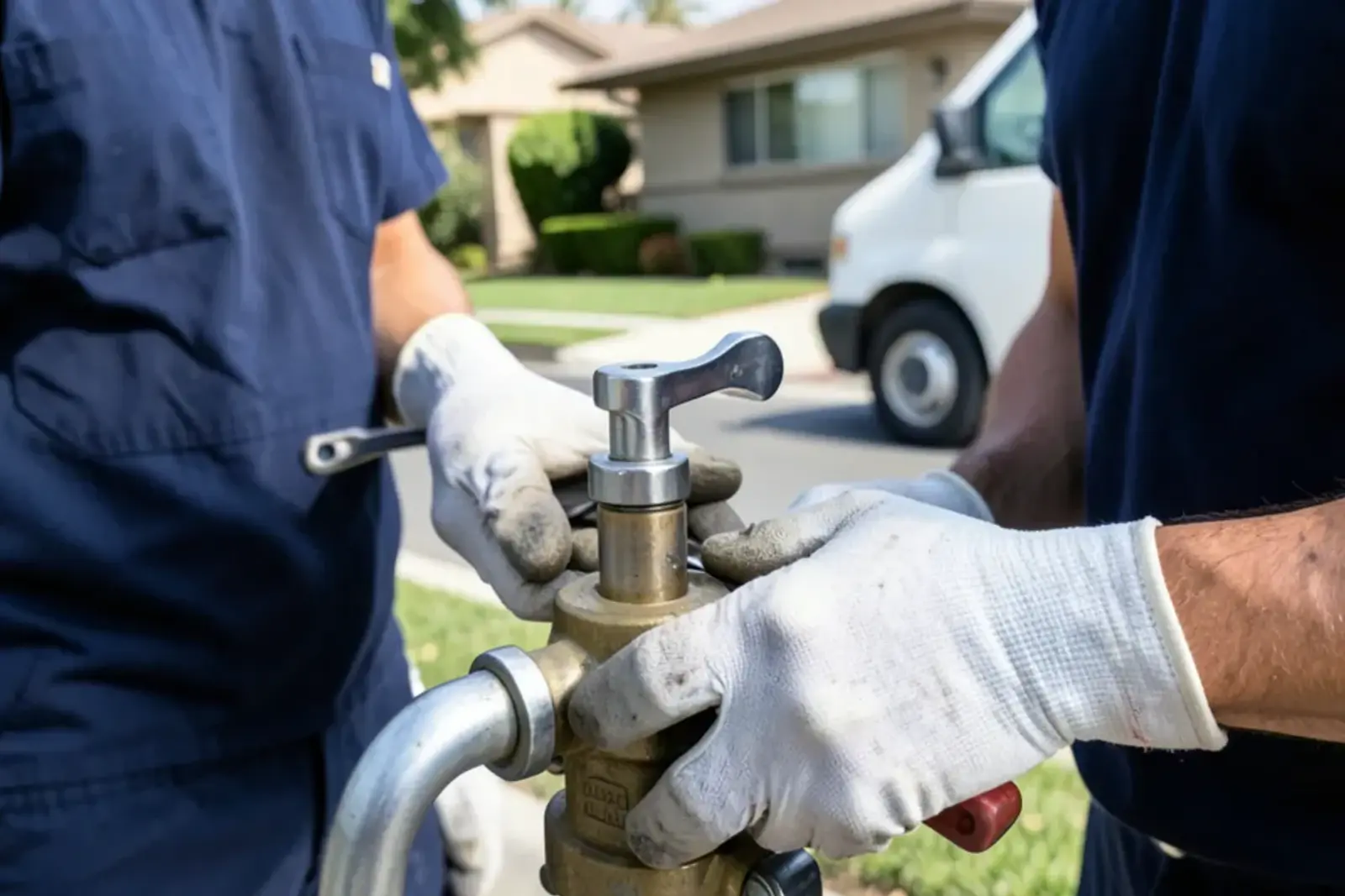 Technician servicing residential plumbing fittings related to garage water heaters and California code inspections
