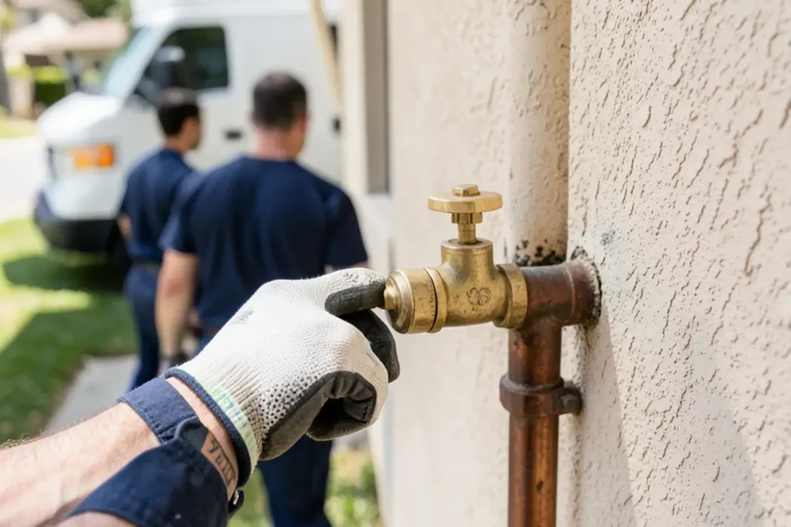 Hand closing a brass ball valve main water shutoff at an exterior hose bibb