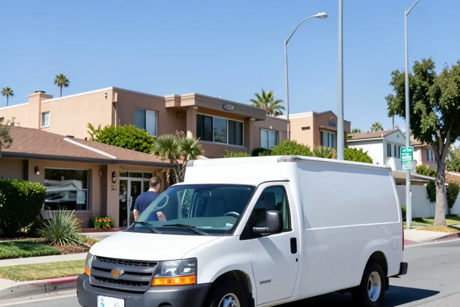 Plumbing service van parked along Farquhar Avenue in commercial Los Alamitos